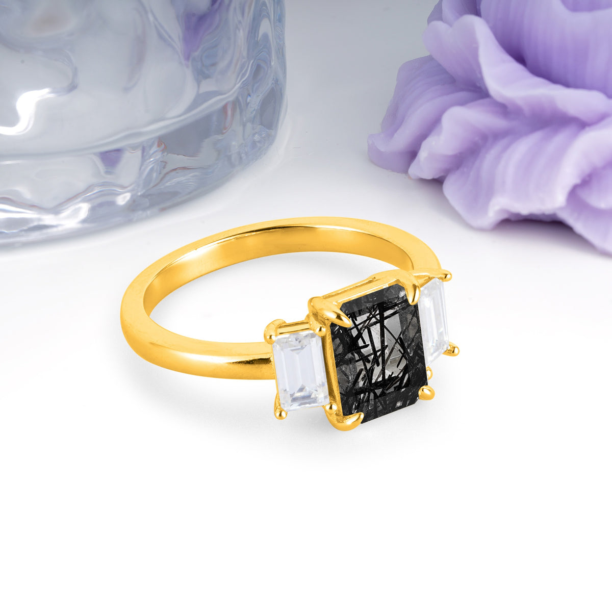 Three‑Stone Emerald Cut Black Rutilated Quartz Prong‑Set Engagement Ring - Additional view