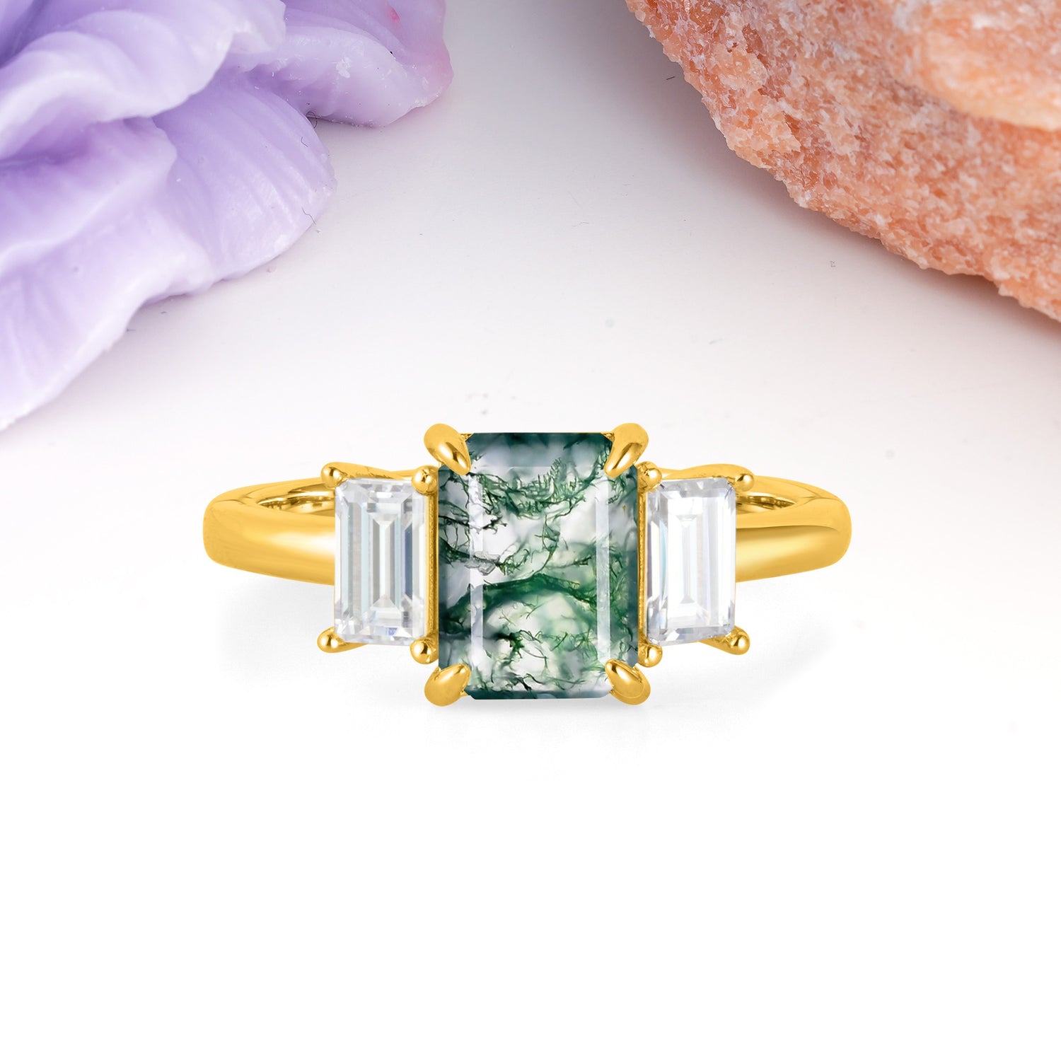 Three‑Stone Emerald Cut Moss Agate Prong‑Set Engagement Ring - Additional view