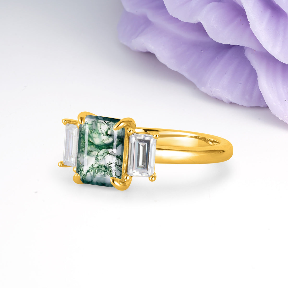 Three‑Stone Emerald Cut Moss Agate Prong‑Set Engagement Ring - Additional view
