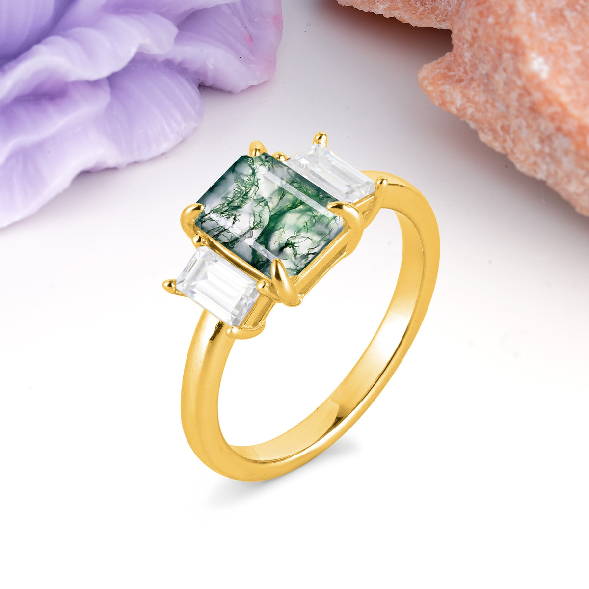 Three‑Stone Emerald Cut Moss Agate Prong‑Set Engagement Ring - Additional view