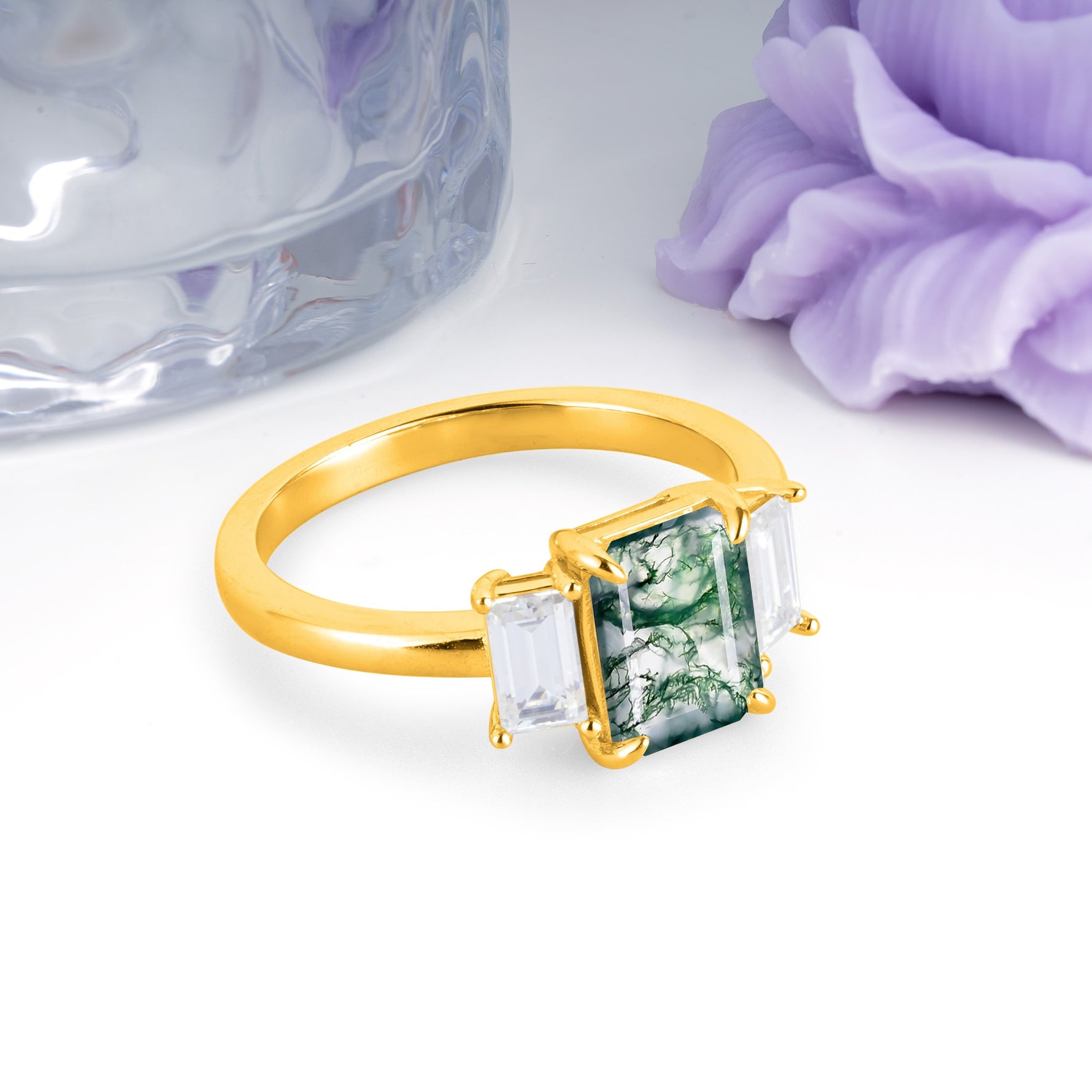 Three‑Stone Emerald Cut Moss Agate Prong‑Set Engagement Ring - Additional view