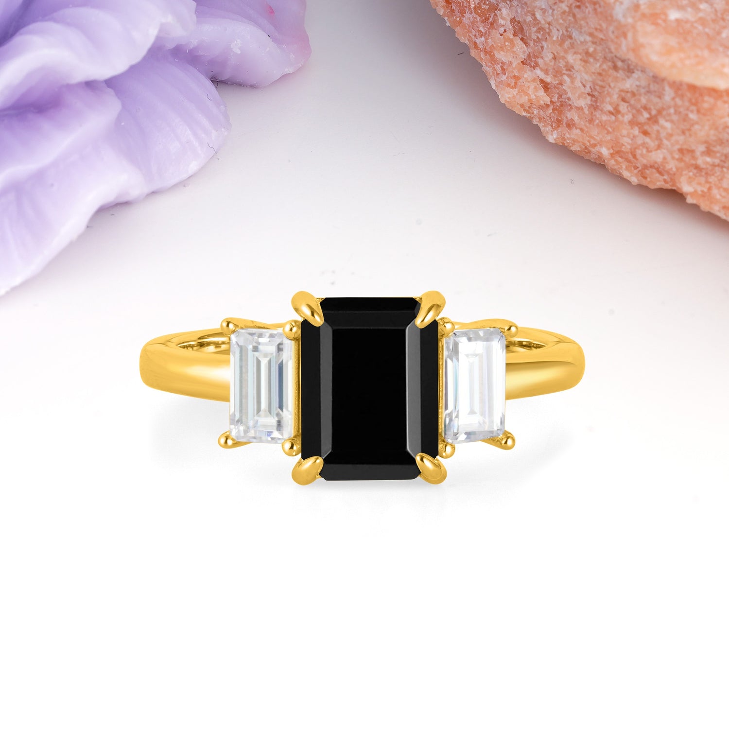 Three‑Stone Emerald Cut Black Onyx Prong‑Set Engagement Ring - Additional view