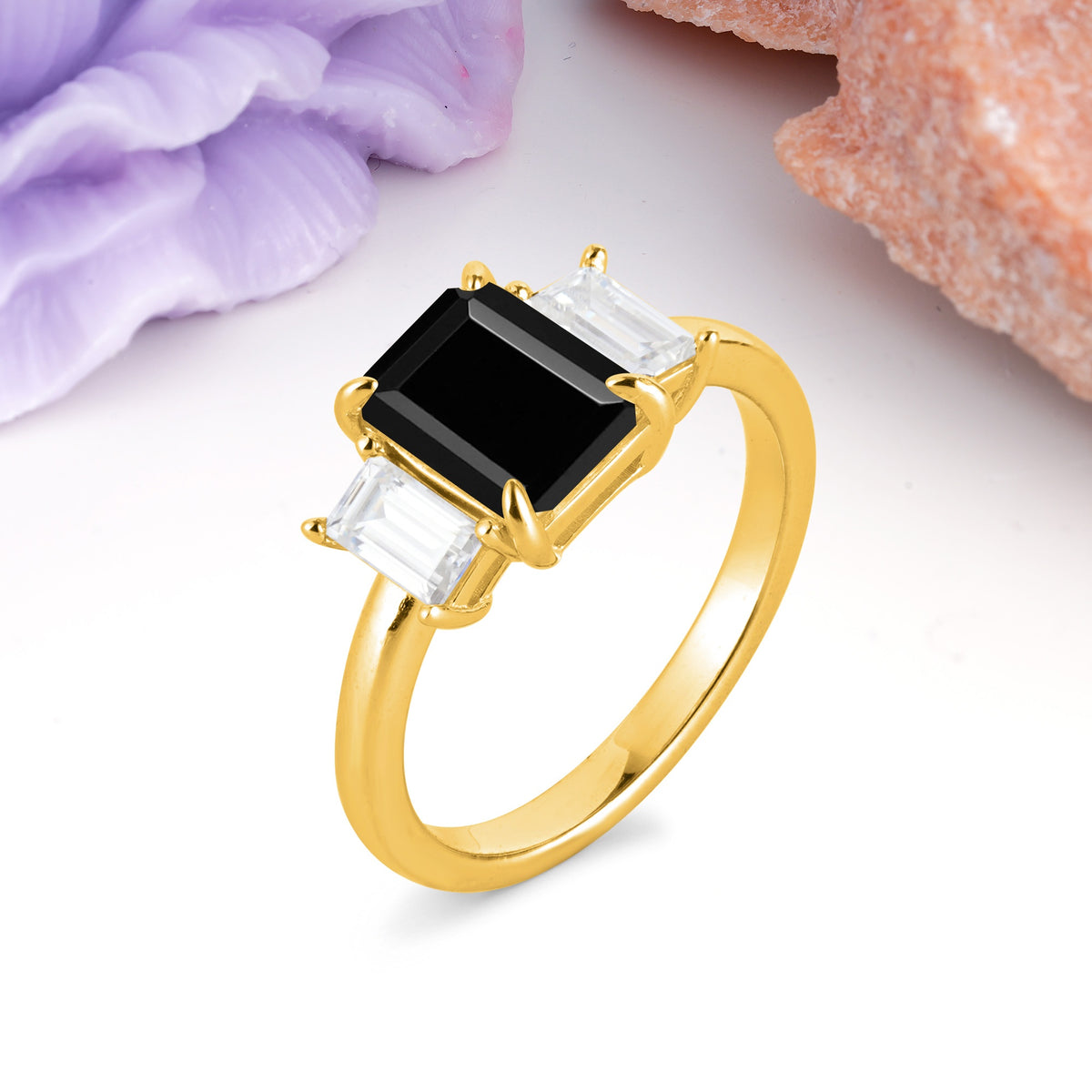 Three‑Stone Emerald Cut Black Onyx Prong‑Set Engagement Ring - Additional view