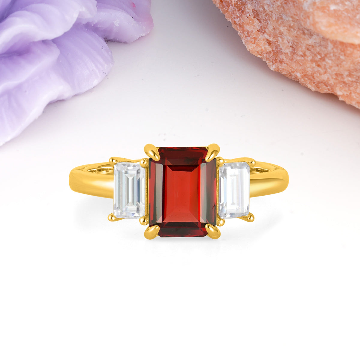 Three‑Stone Emerald Cut Garnet Prong‑Set Engagement Ring - Additional view
