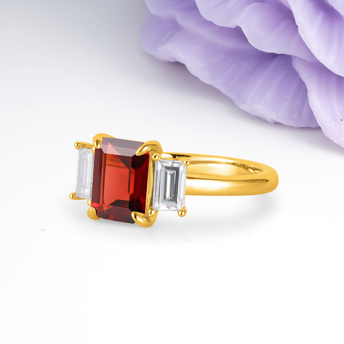 Three‑Stone Emerald Cut Garnet Prong‑Set Engagement Ring - Additional view