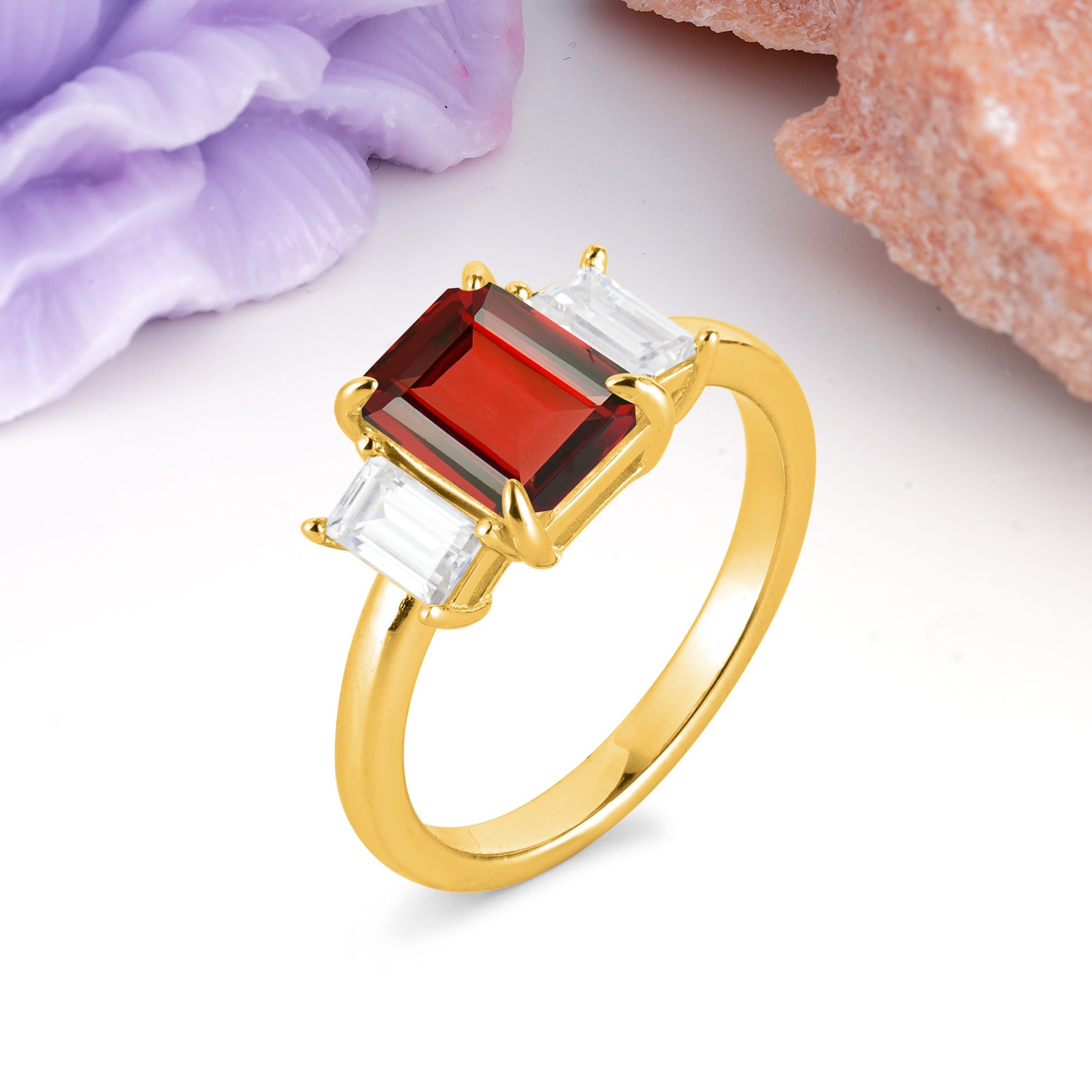 Three‑Stone Emerald Cut Garnet Prong‑Set Engagement Ring - Additional view