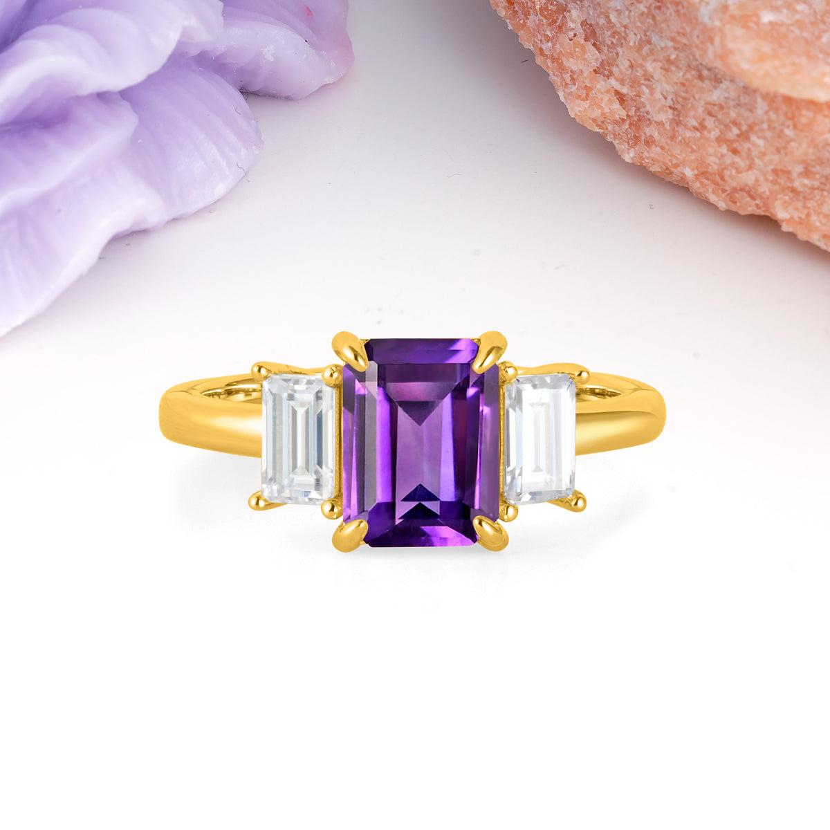 Three‑Stone Emerald Cut Amethyst Prong‑Set Engagement Ring - Additional view