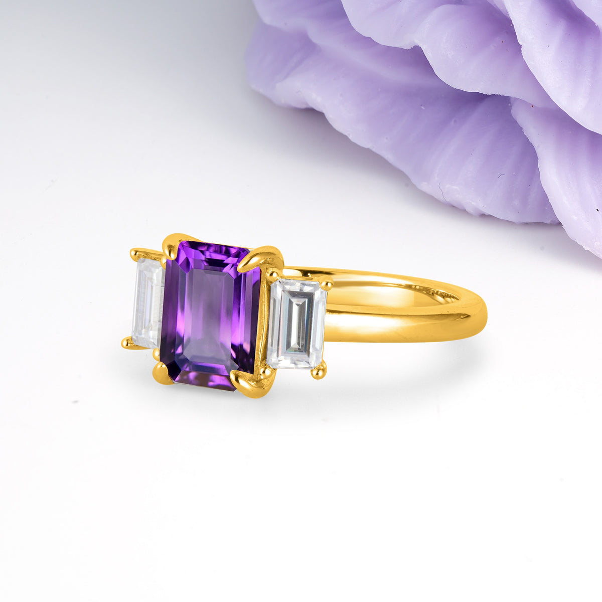 Three‑Stone Emerald Cut Amethyst Prong‑Set Engagement Ring - Additional view