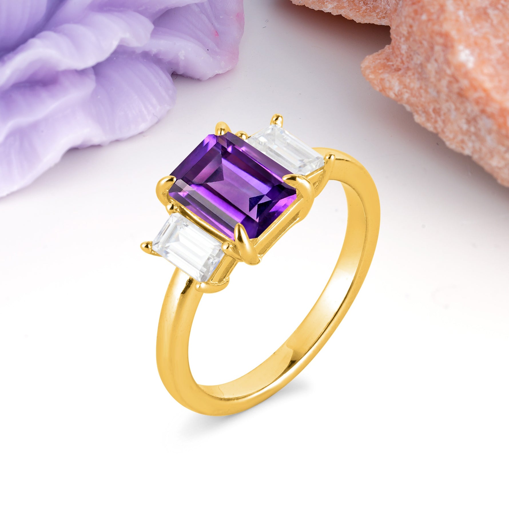 Three‑Stone Emerald Cut Amethyst Prong‑Set Engagement Ring - Additional view