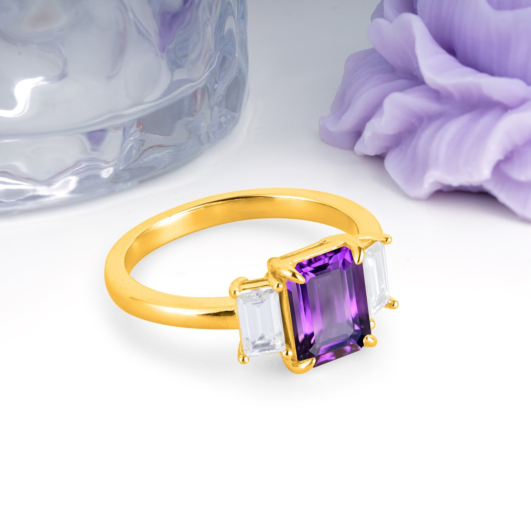 Three‑Stone Emerald Cut Amethyst Prong‑Set Engagement Ring - Additional view