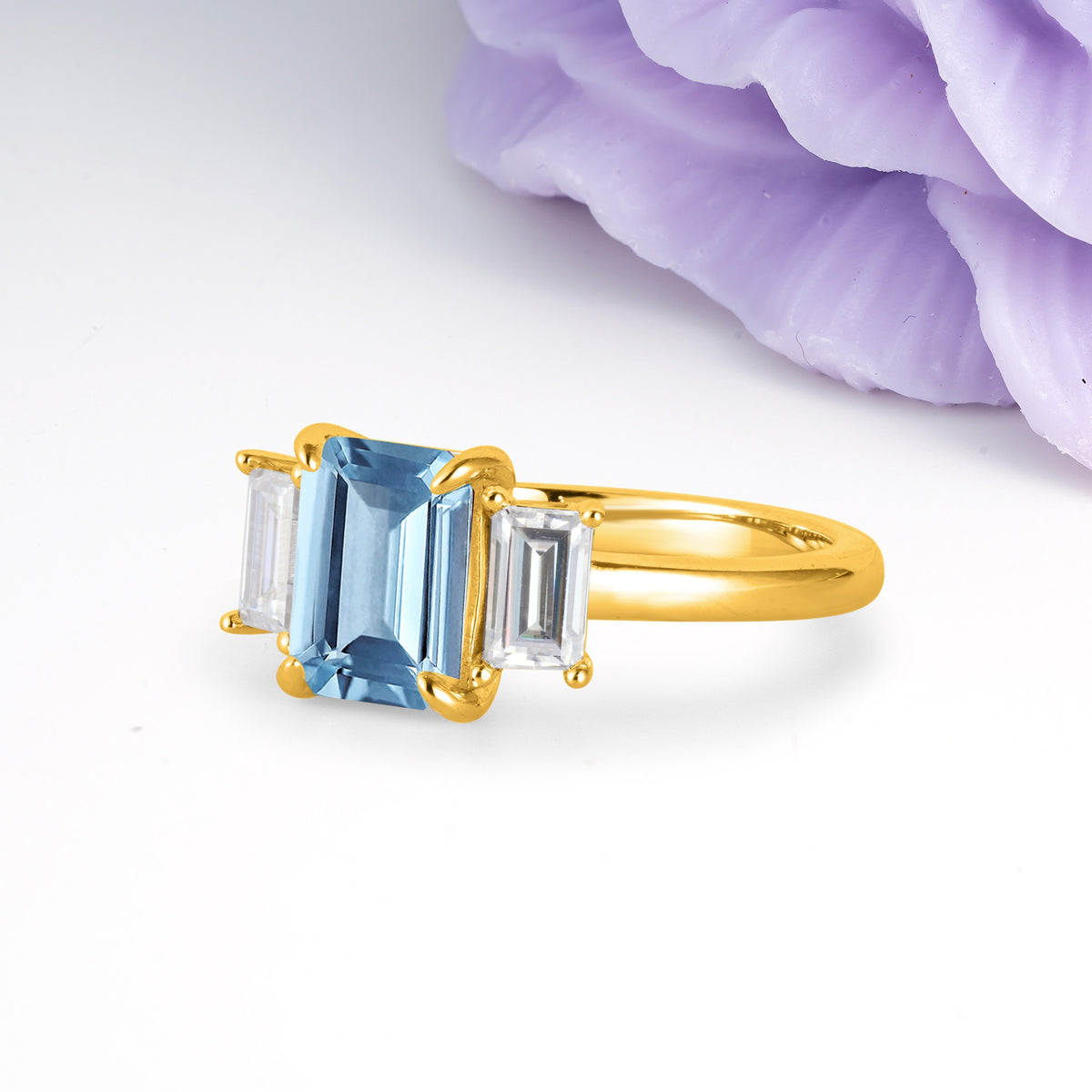 Three‑Stone Emerald Cut Aquamarine Prong‑Set Engagement Ring - Additional view