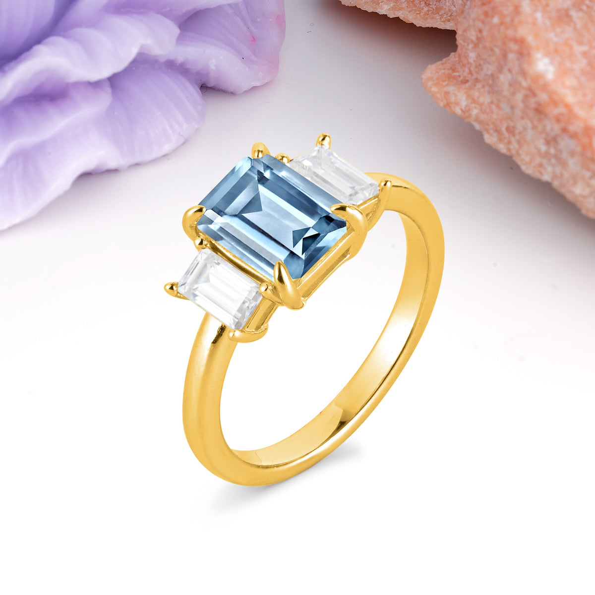 Three‑Stone Emerald Cut Aquamarine Prong‑Set Engagement Ring - Additional view