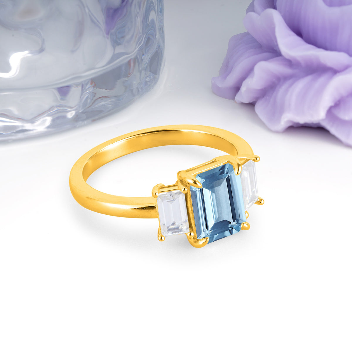 Three‑Stone Emerald Cut Aquamarine Prong‑Set Engagement Ring - Additional view