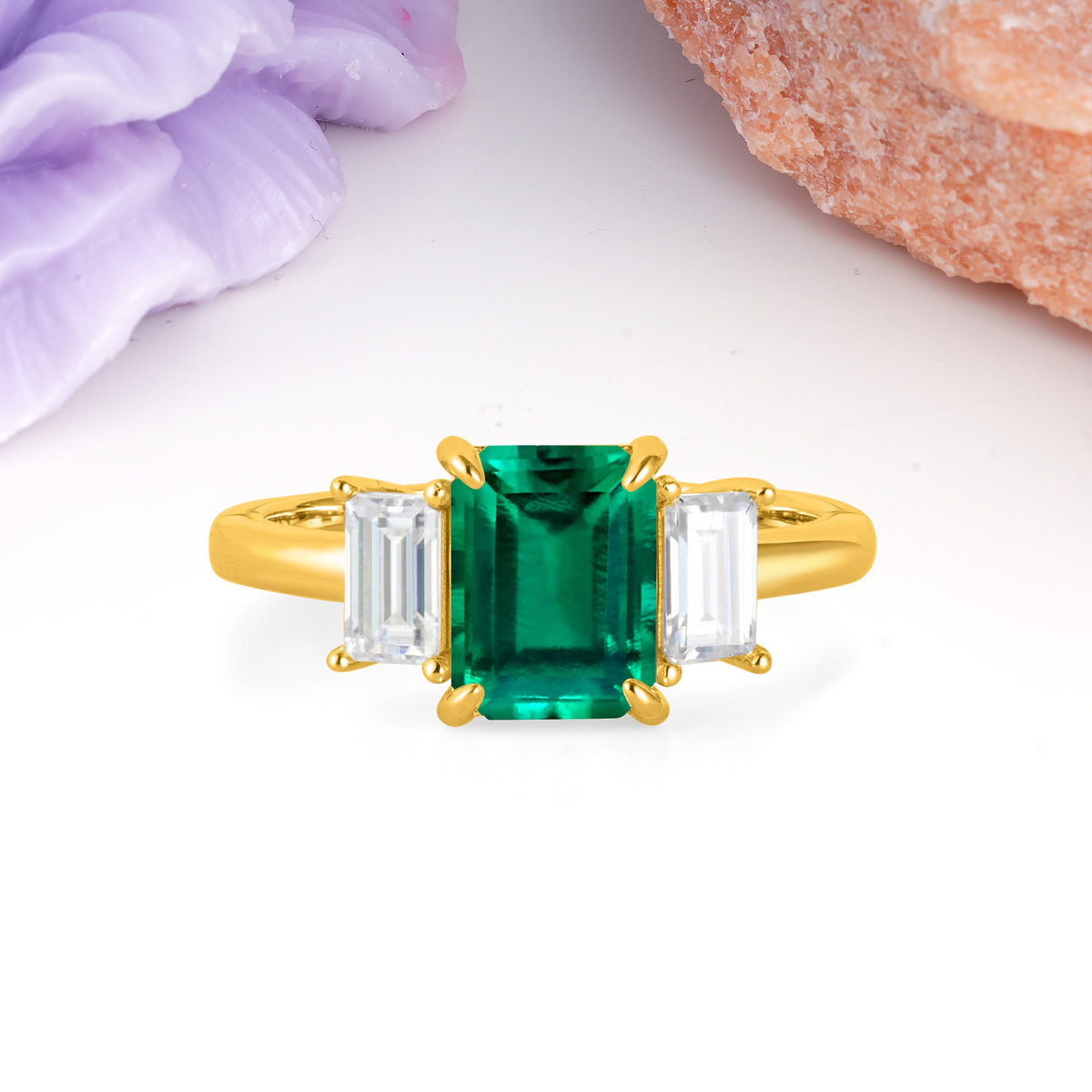 Three‑Stone Emerald Cut Emerald Prong‑Set Engagement Ring - Additional view