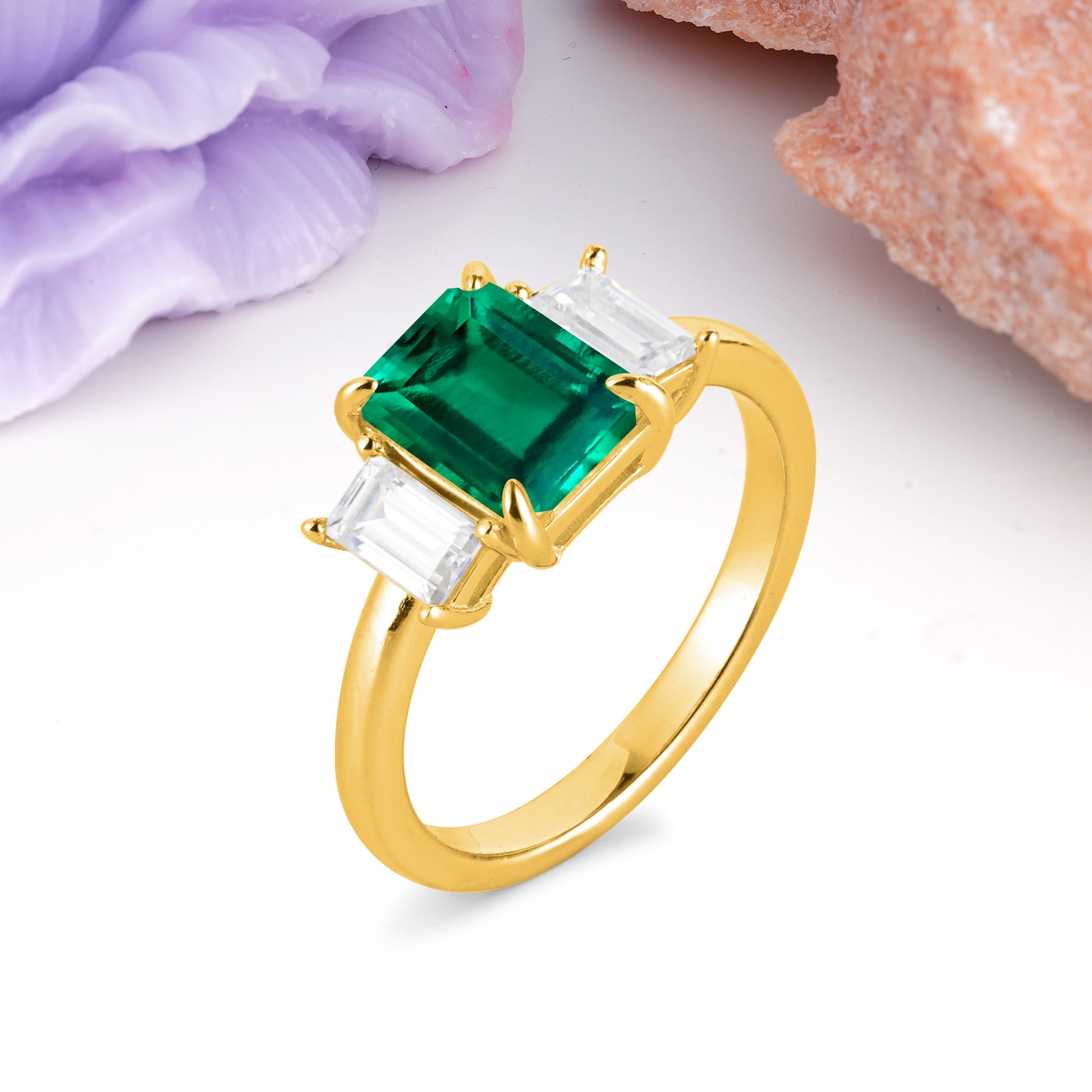Three‑Stone Emerald Cut Emerald Prong‑Set Engagement Ring - Additional view