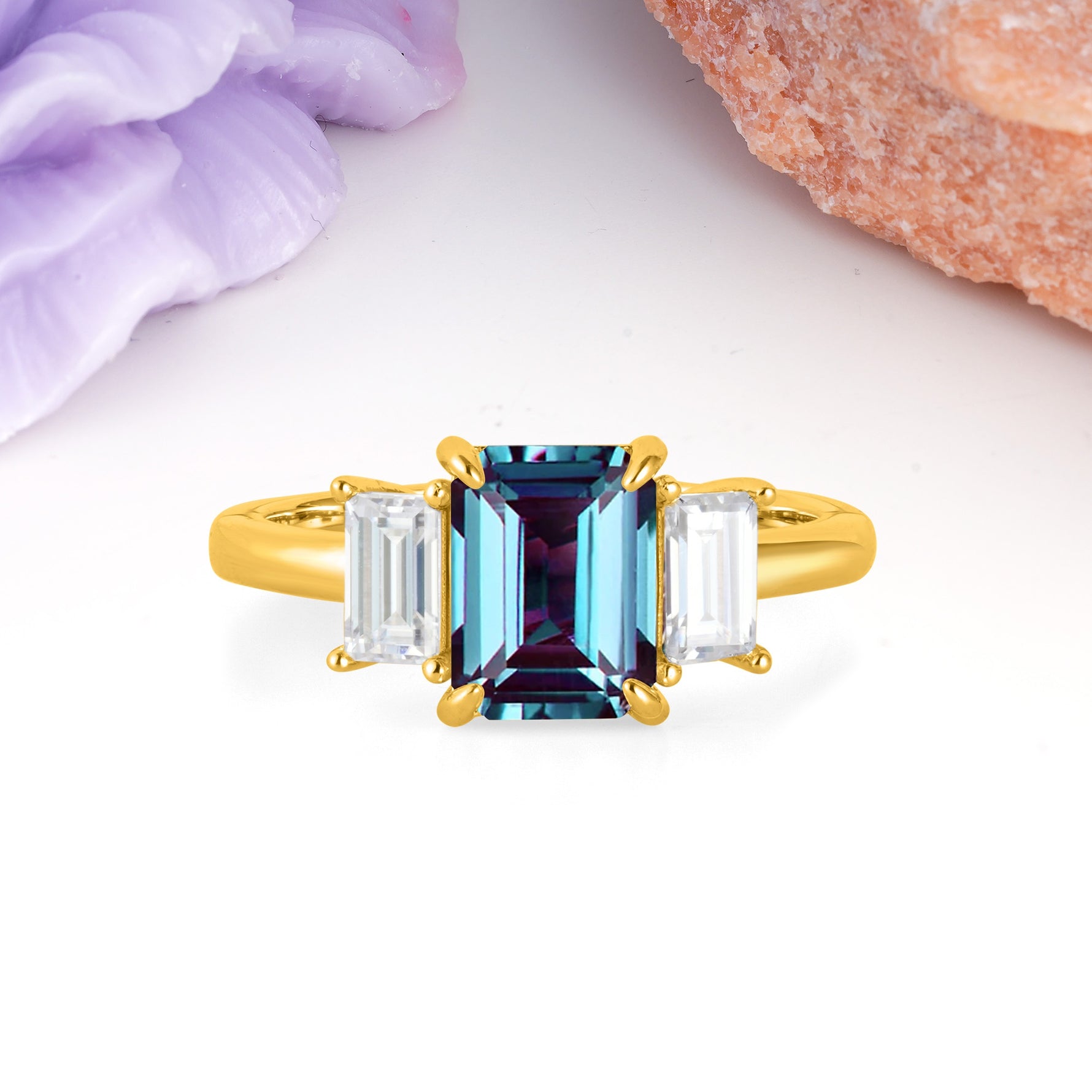 Three‑Stone Emerald Cut Alexandrite Prong‑Set Engagement Ring - Additional view