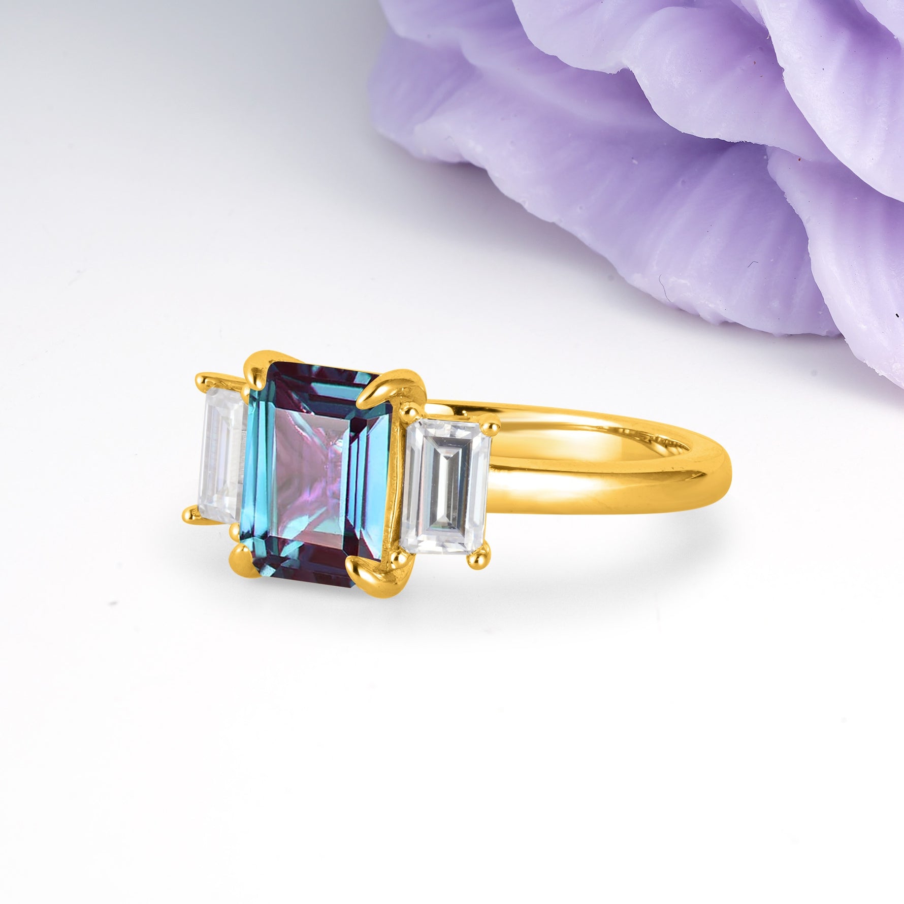 Three‑Stone Emerald Cut Alexandrite Prong‑Set Engagement Ring - Additional view