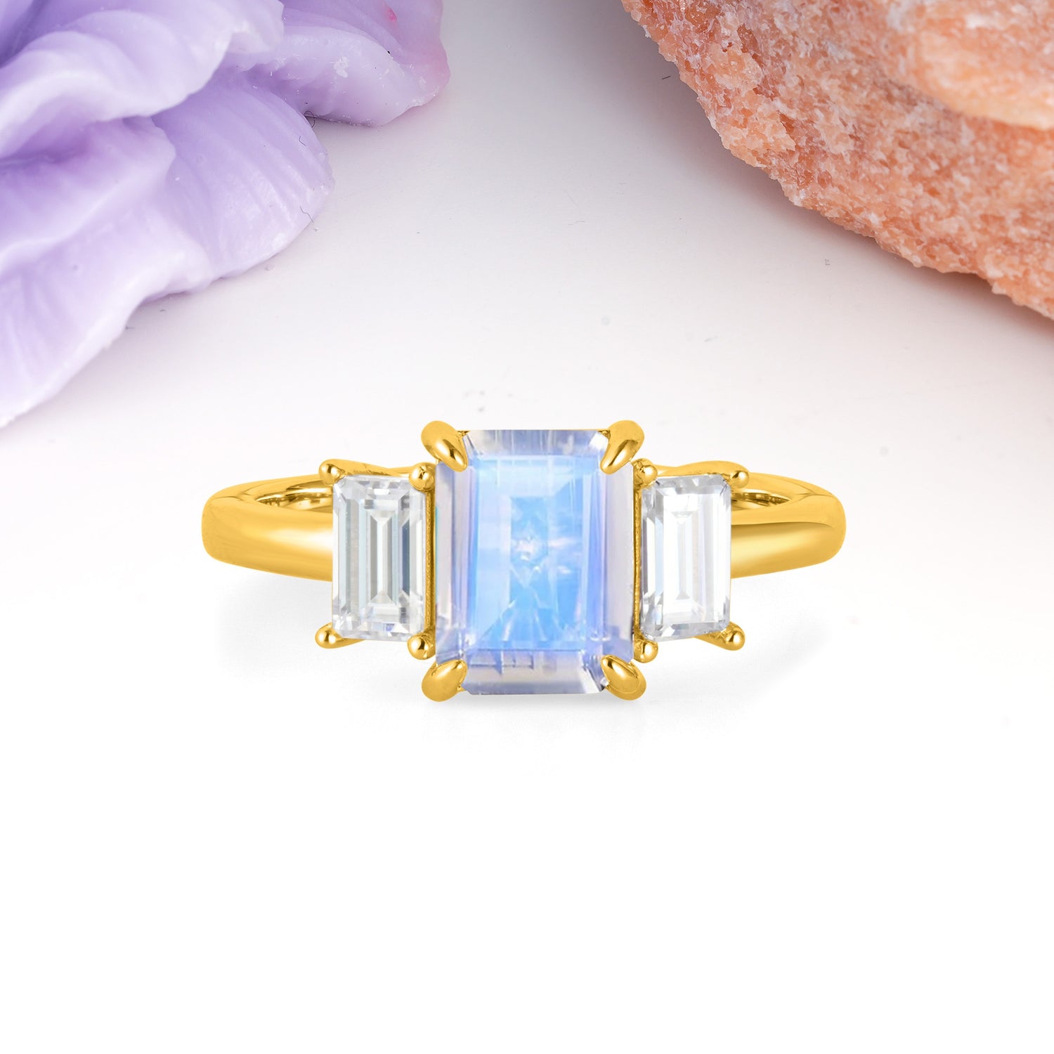 Three‑Stone Emerald Cut Moonstone Prong‑Set Engagement Ring - Additional view