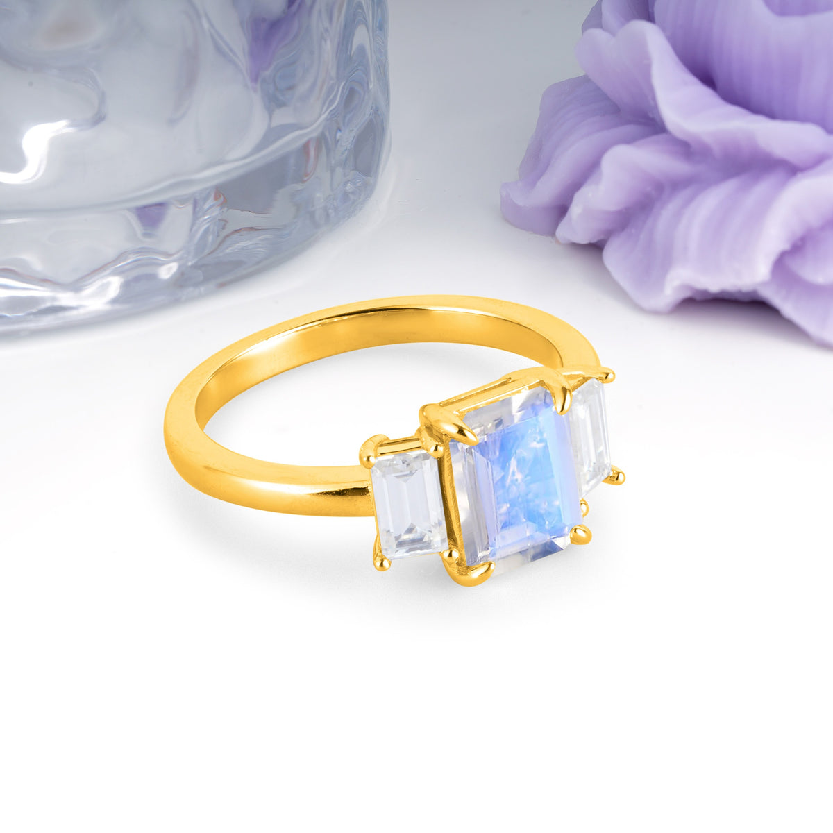 Three‑Stone Emerald Cut Moonstone Prong‑Set Engagement Ring - Additional view