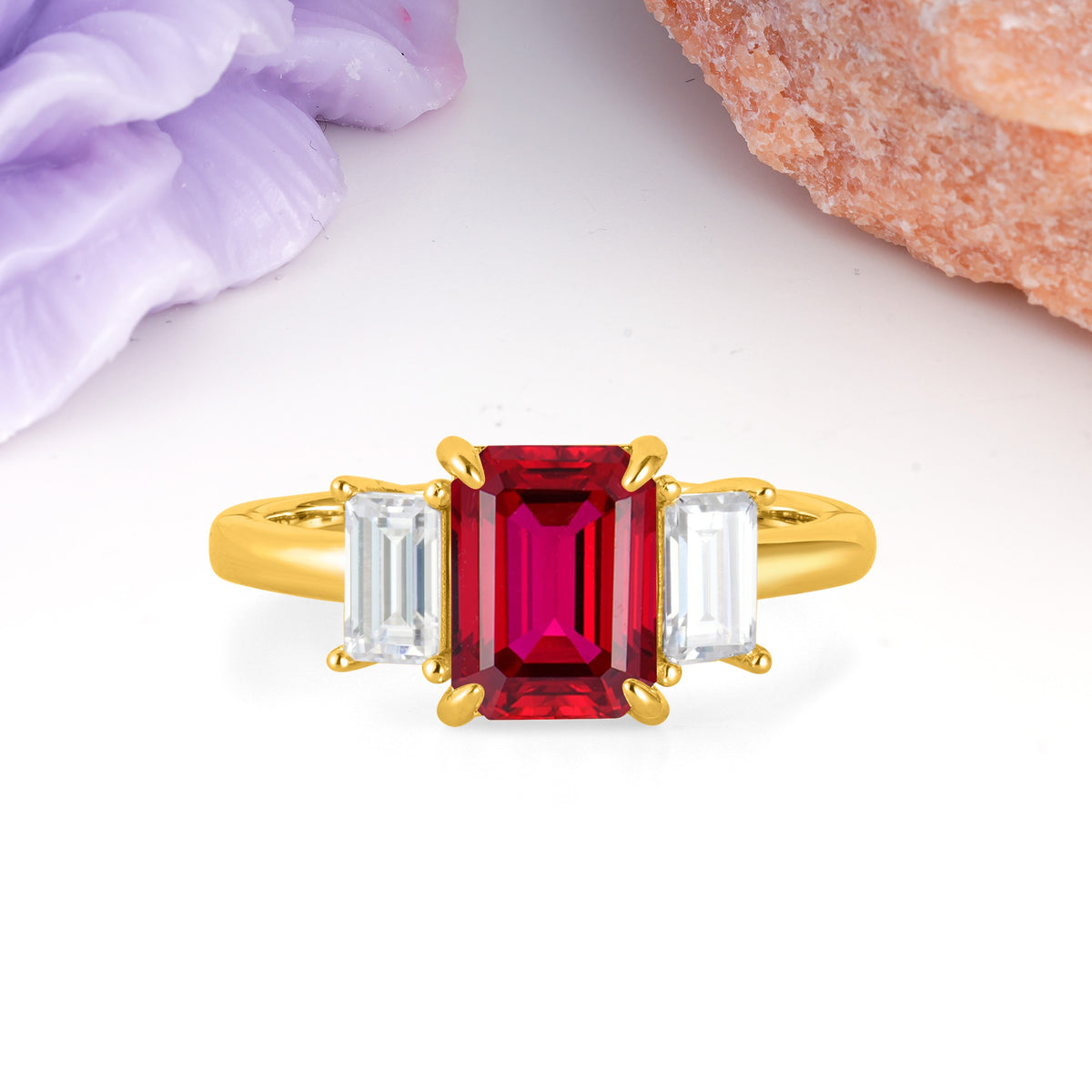 Three‑Stone Emerald Cut Ruby Prong‑Set Engagement Ring - Additional view