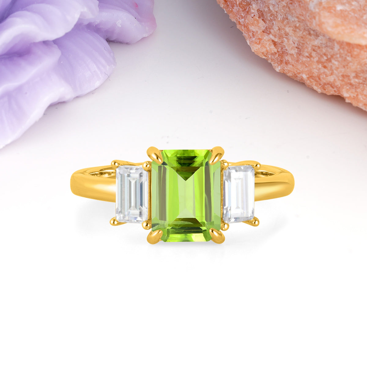 Three‑Stone Emerald Cut Peridot Prong‑Set Engagement Ring - Additional view