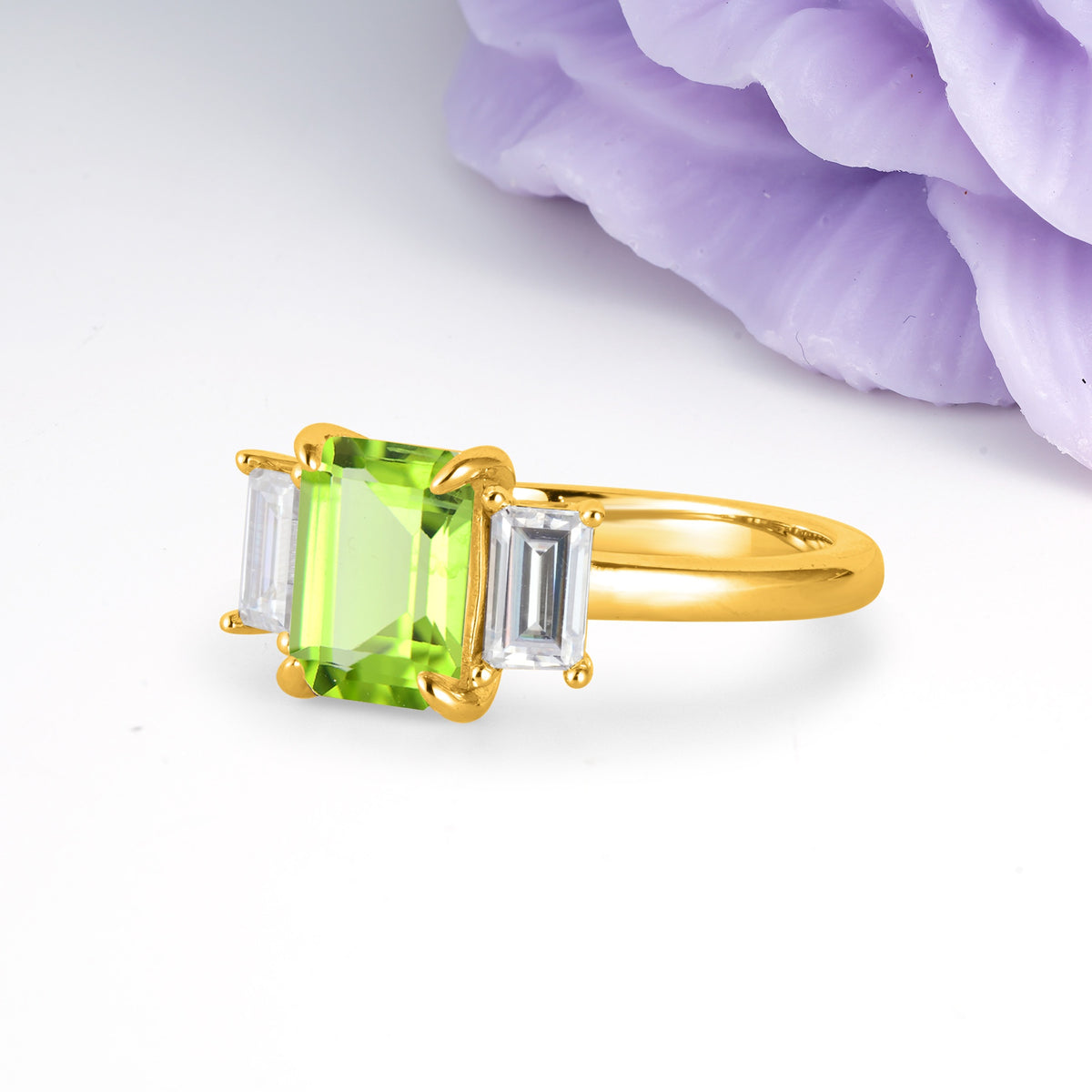 Three‑Stone Emerald Cut Peridot Prong‑Set Engagement Ring - Additional view