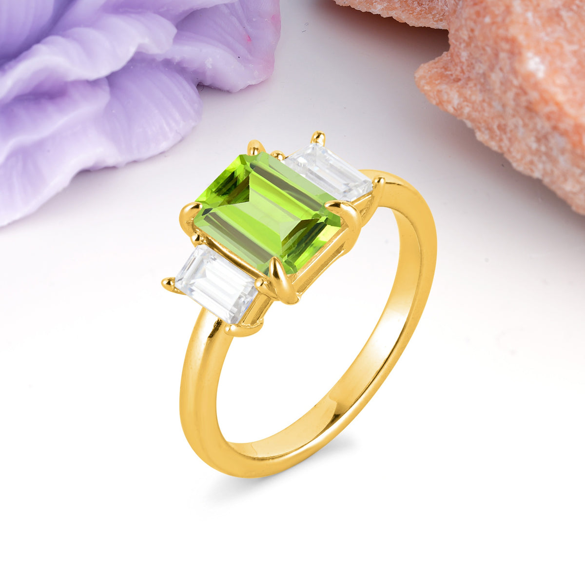 Three‑Stone Emerald Cut Peridot Prong‑Set Engagement Ring - Additional view
