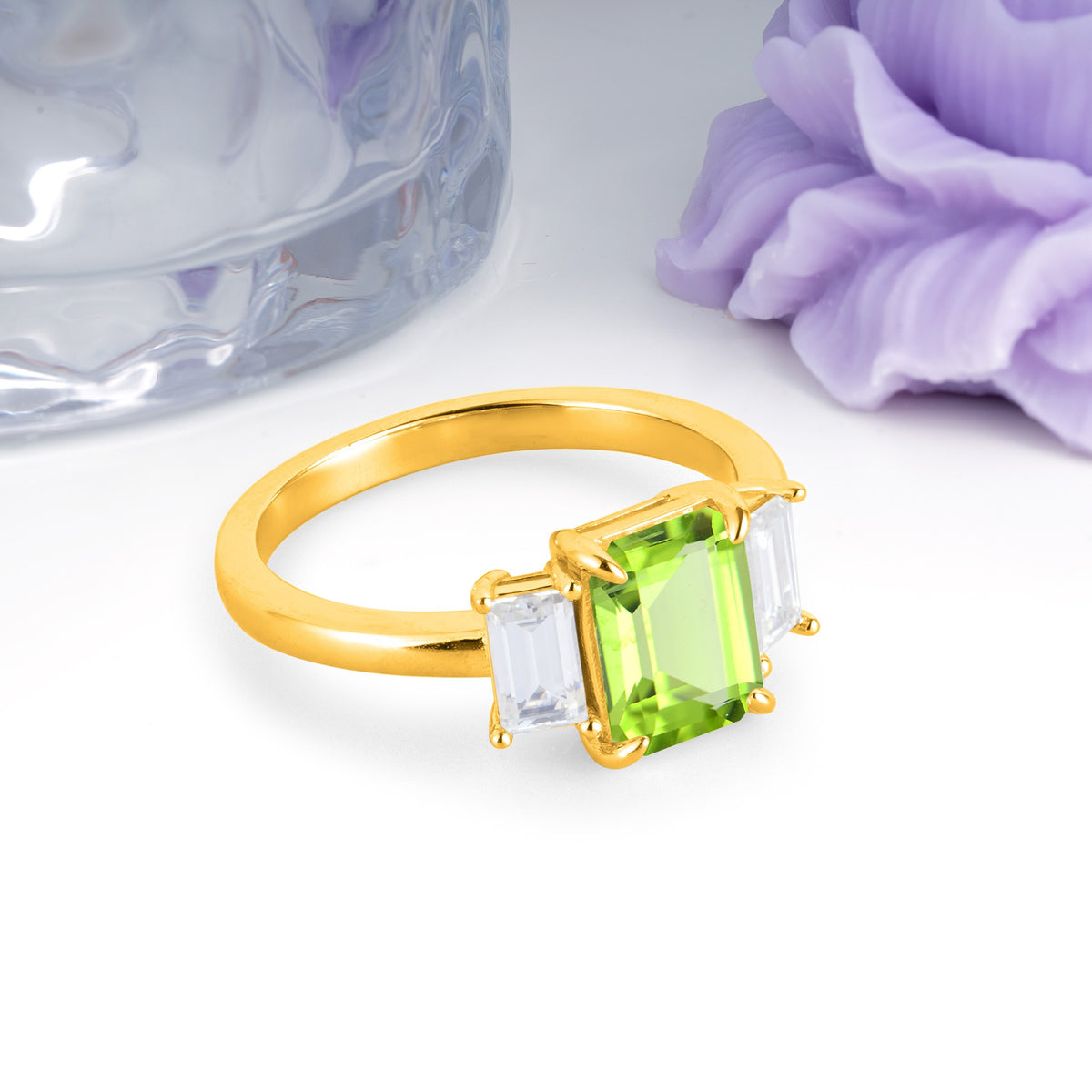 Three‑Stone Emerald Cut Peridot Prong‑Set Engagement Ring - Additional view