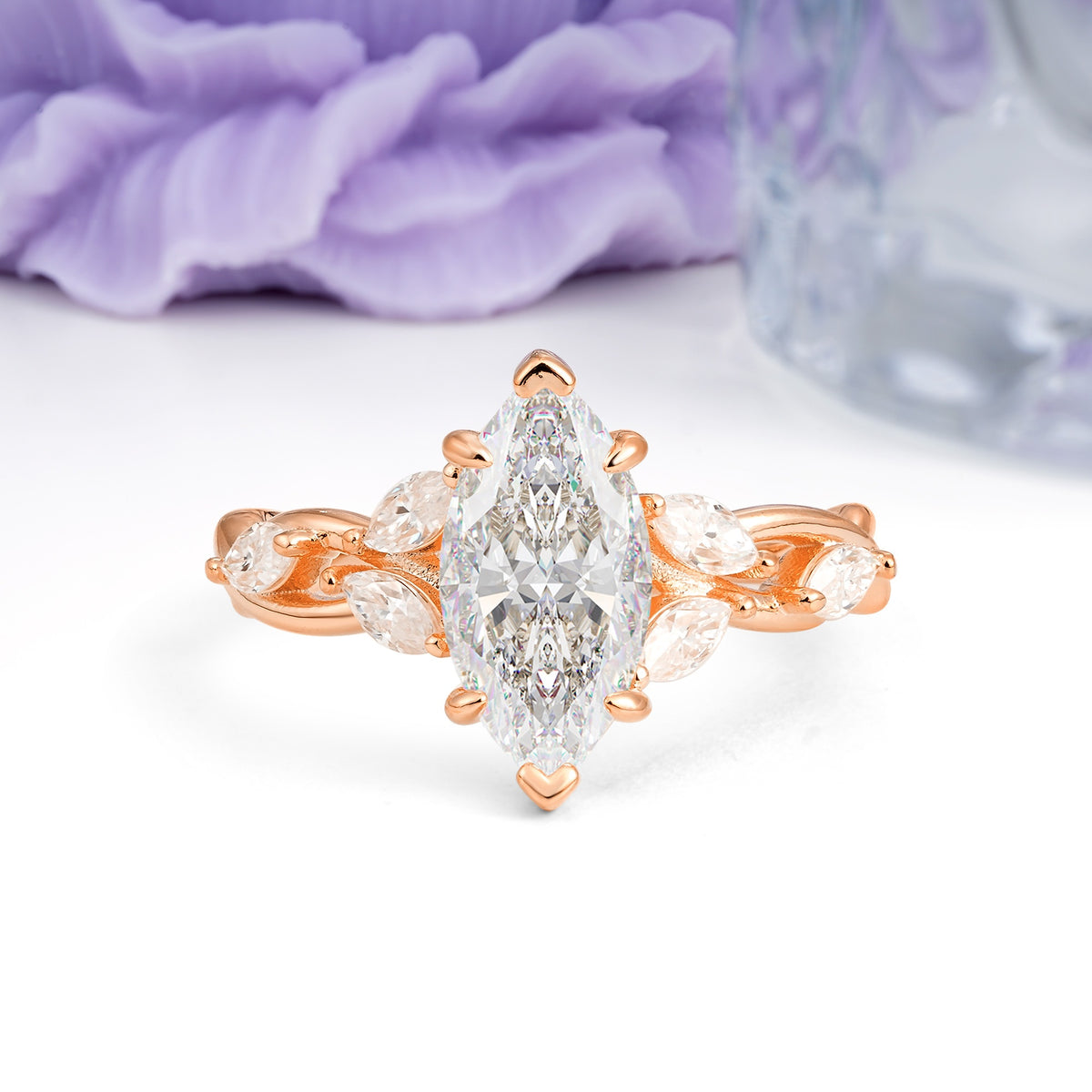 Elegant Forest Branch Multi Marquise Side Accent Long Marquise Cut Moissanite Engagement Ring - Additional view