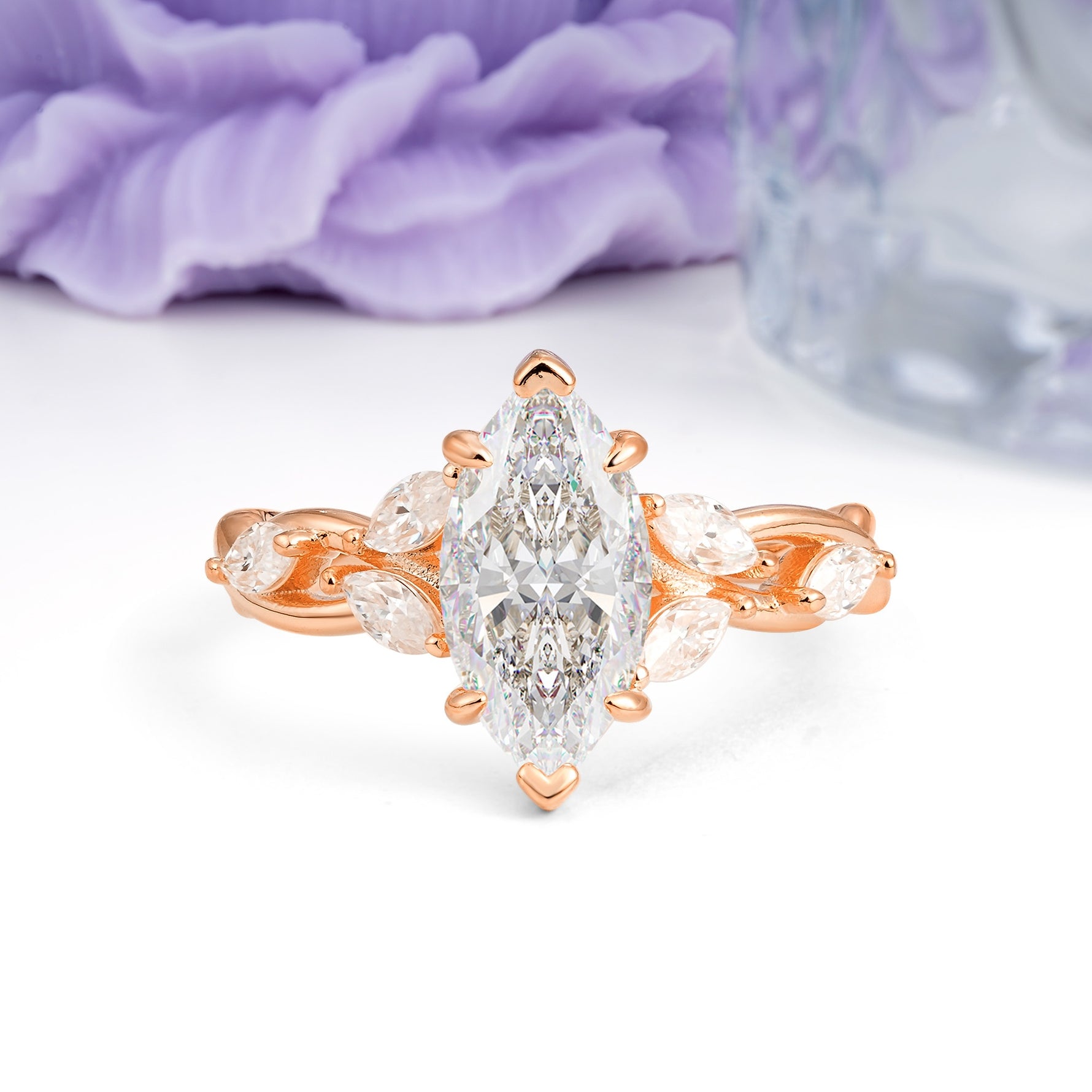 Elegant Forest Branch Multi Marquise Side Accent Long Marquise Cut Moissanite Engagement Ring - Additional view