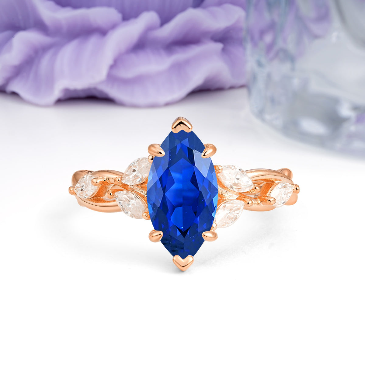 Elegant Forest Branch Multi Marquise Side Accent Long Marquise Cut Sapphire Engagement Ring - Additional view