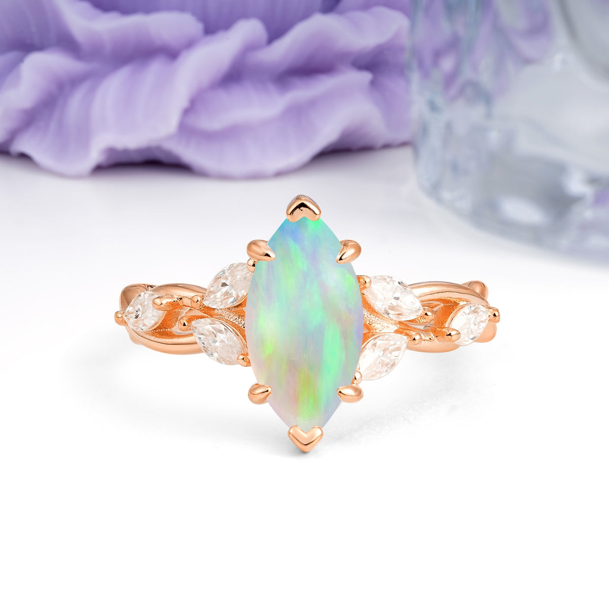 Elegant Forest Branch Multi Marquise Side Accent Long Marquise Cut Fire Opal Engagement Ring - Additional view