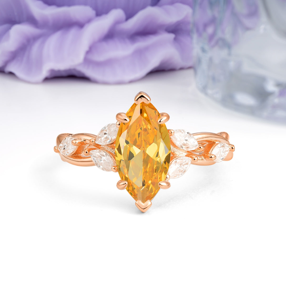 Elegant Forest Branch Multi Marquise Side Accent Long Marquise Cut Citrine Engagement Ring - Additional view