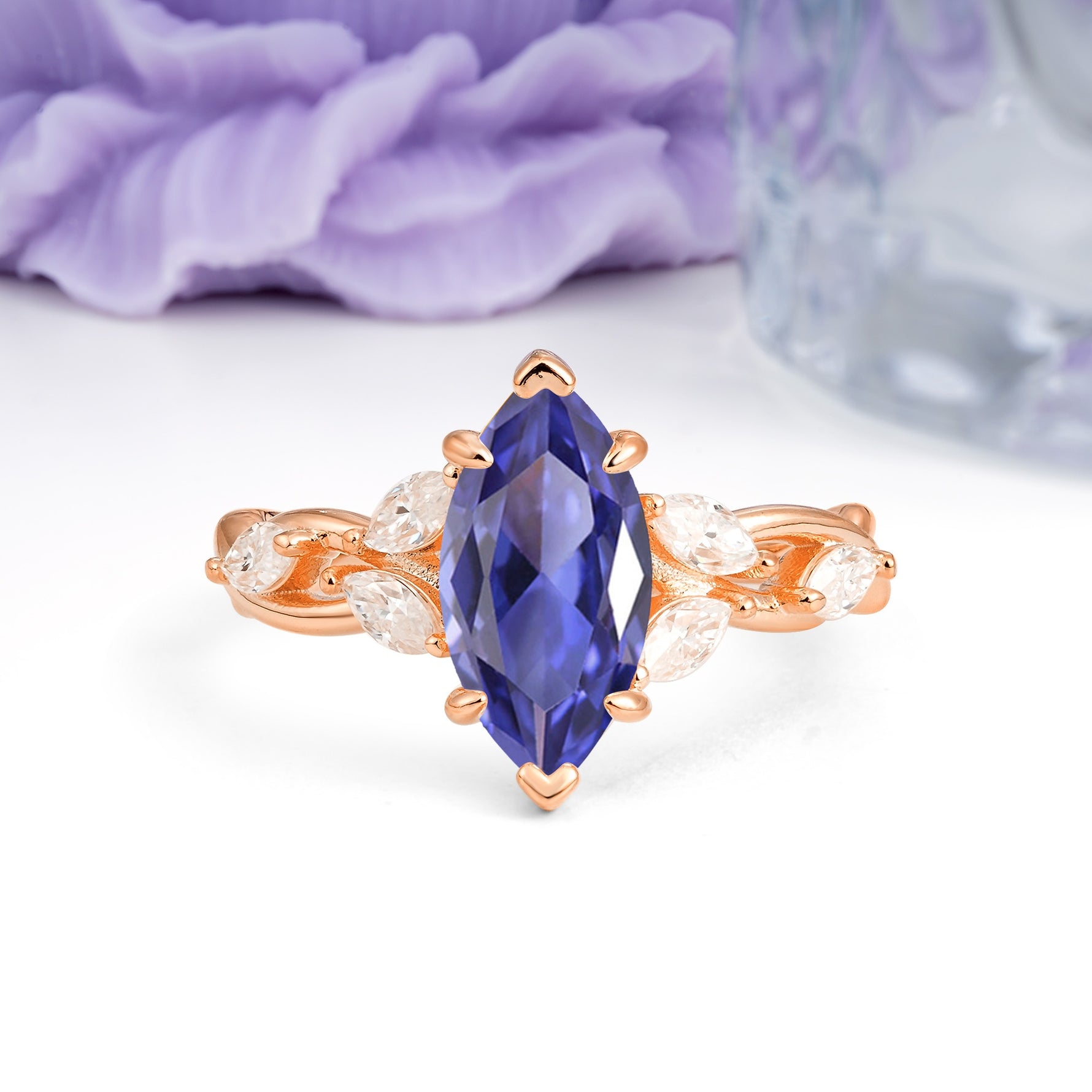 Elegant Forest Branch Multi Marquise Side Accent Long Marquise Cut Tanzanite Engagement Ring - Additional view