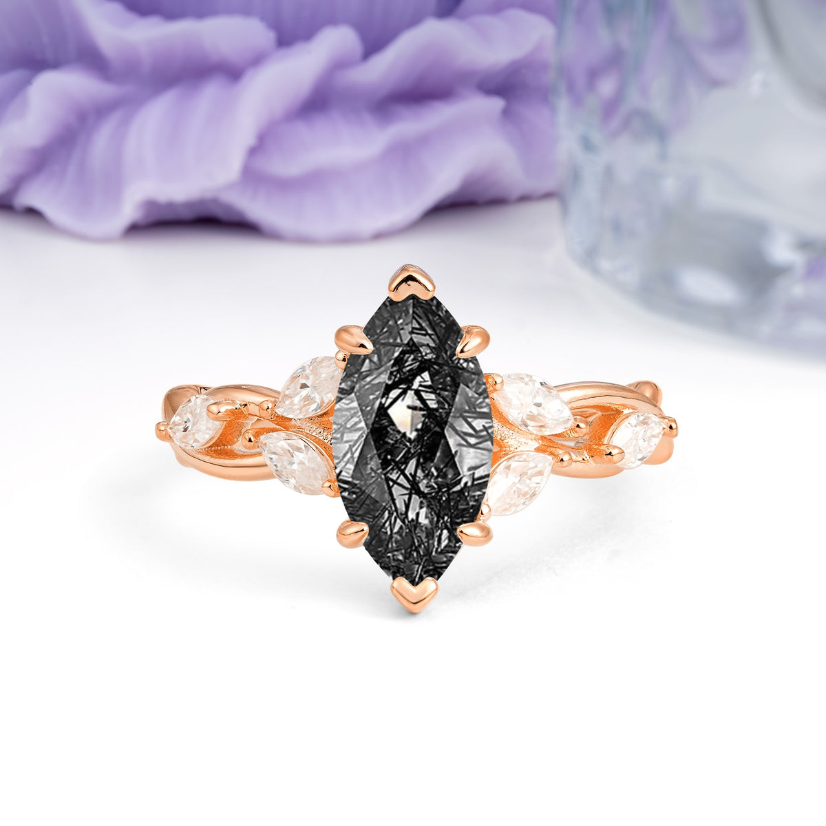 Elegant Forest Branch Multi Marquise Side Accent Long Marquise Cut Black Rutilated Quartz Engagement Ring - Additional view