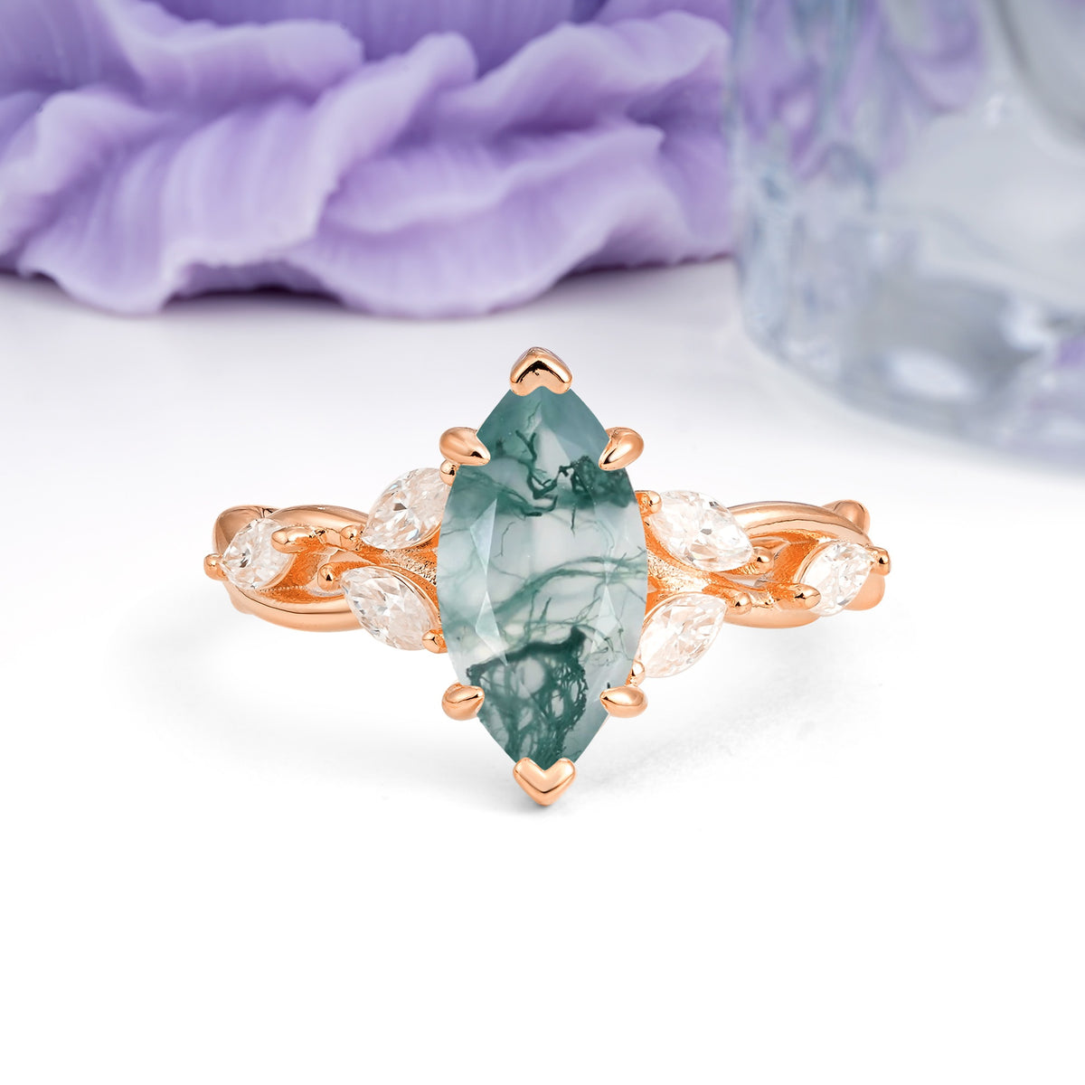 Elegant Forest Branch Multi Marquise Side Accent Long Marquise Cut Moss Agate Engagement Ring - Additional view