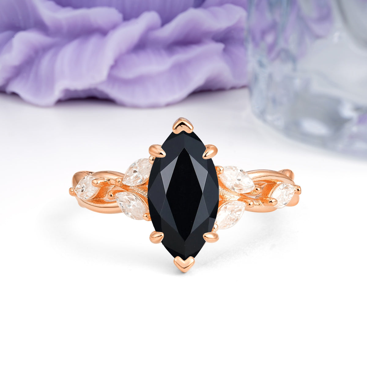 Elegant Forest Branch Multi Marquise Side Accent Long Marquise Cut Black Onyx Engagement Ring - Additional view