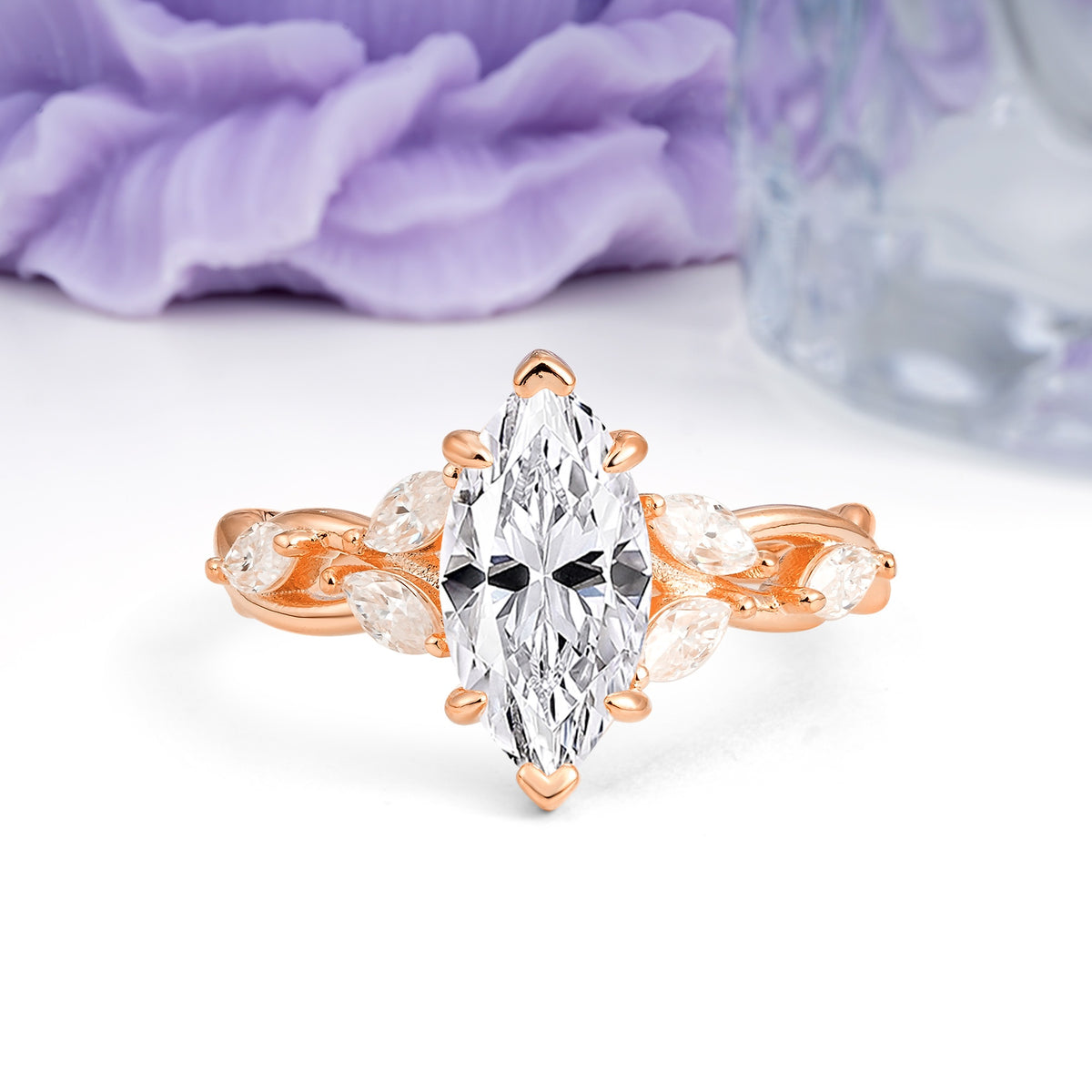 Elegant Forest Branch Multi Marquise Side Accent Long Marquise Cut Lab Diamond Engagement Ring - Additional view
