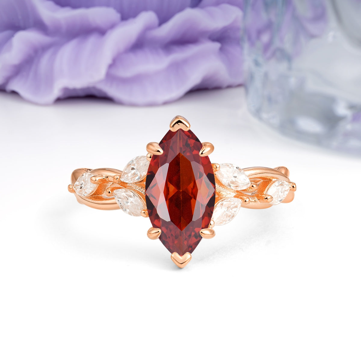 Elegant Forest Branch Multi Marquise Side Accent Long Marquise Cut Garnet Engagement Ring - Additional view