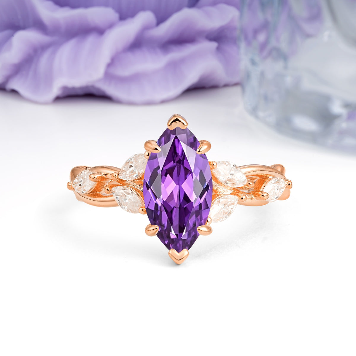 Elegant Forest Branch Multi Marquise Side Accent Long Marquise Cut Amethyst Engagement Ring - Additional view