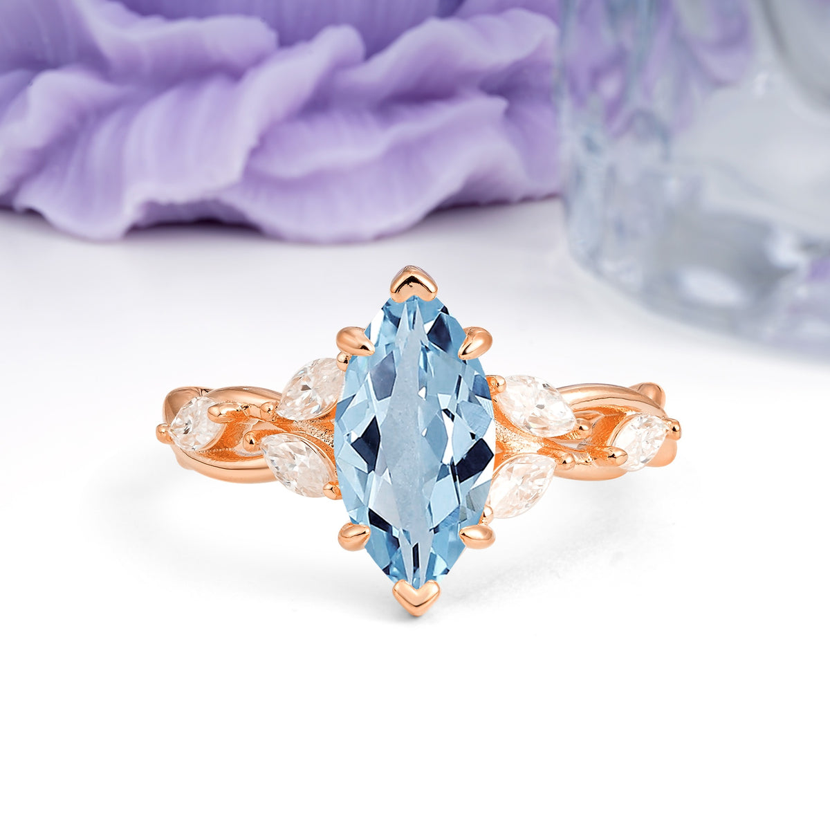Elegant Forest Branch Multi Marquise Side Accent Long Marquise Cut Aquamarine Engagement Ring - Additional view