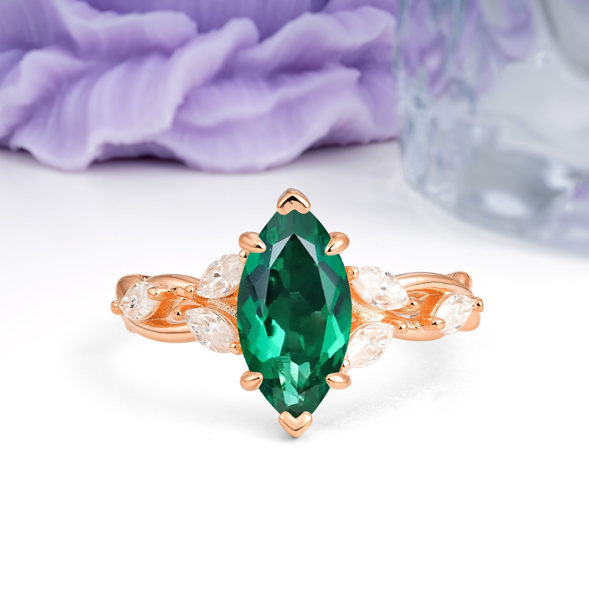 Elegant Forest Branch Multi Marquise Side Accent Long Marquise Cut Emerald Engagement Ring - Additional view