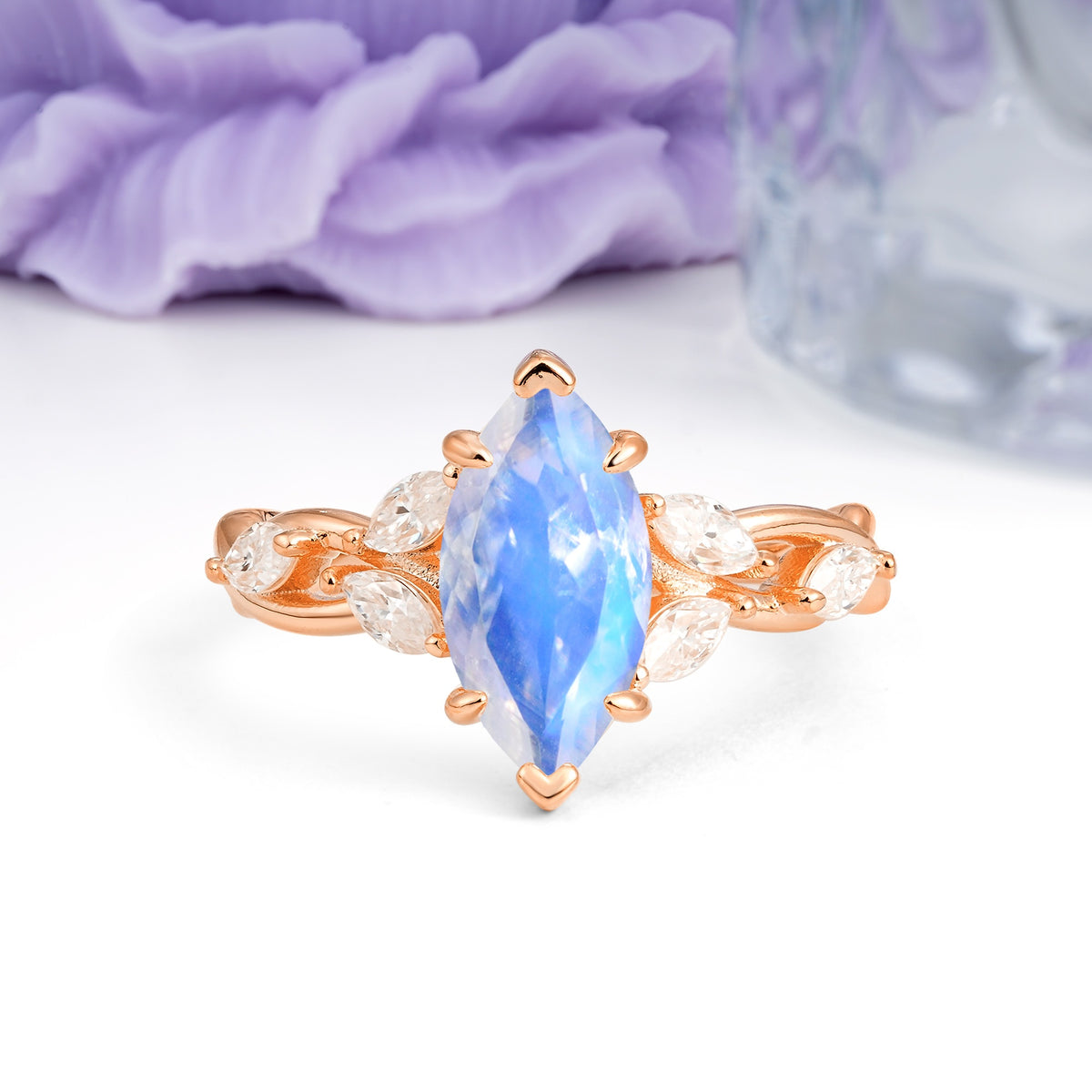 Elegant Forest Branch Multi Marquise Side Accent Long Marquise Cut Moonstone Engagement Ring - Additional view