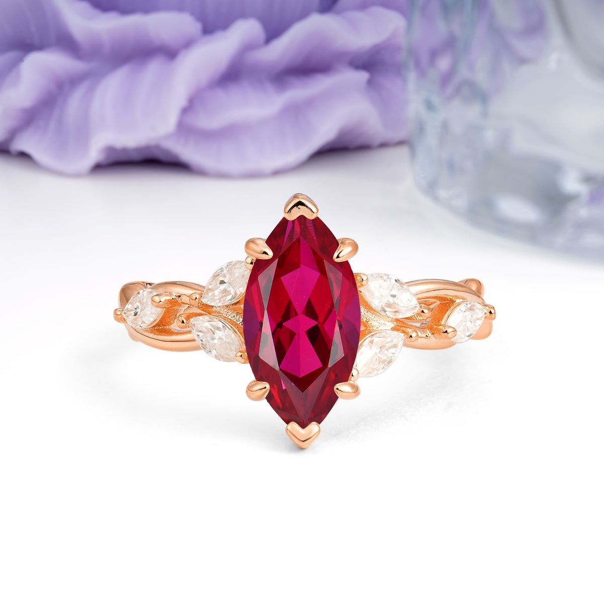 Elegant Forest Branch Multi Marquise Side Accent Long Marquise Cut Ruby Engagement Ring - Additional view