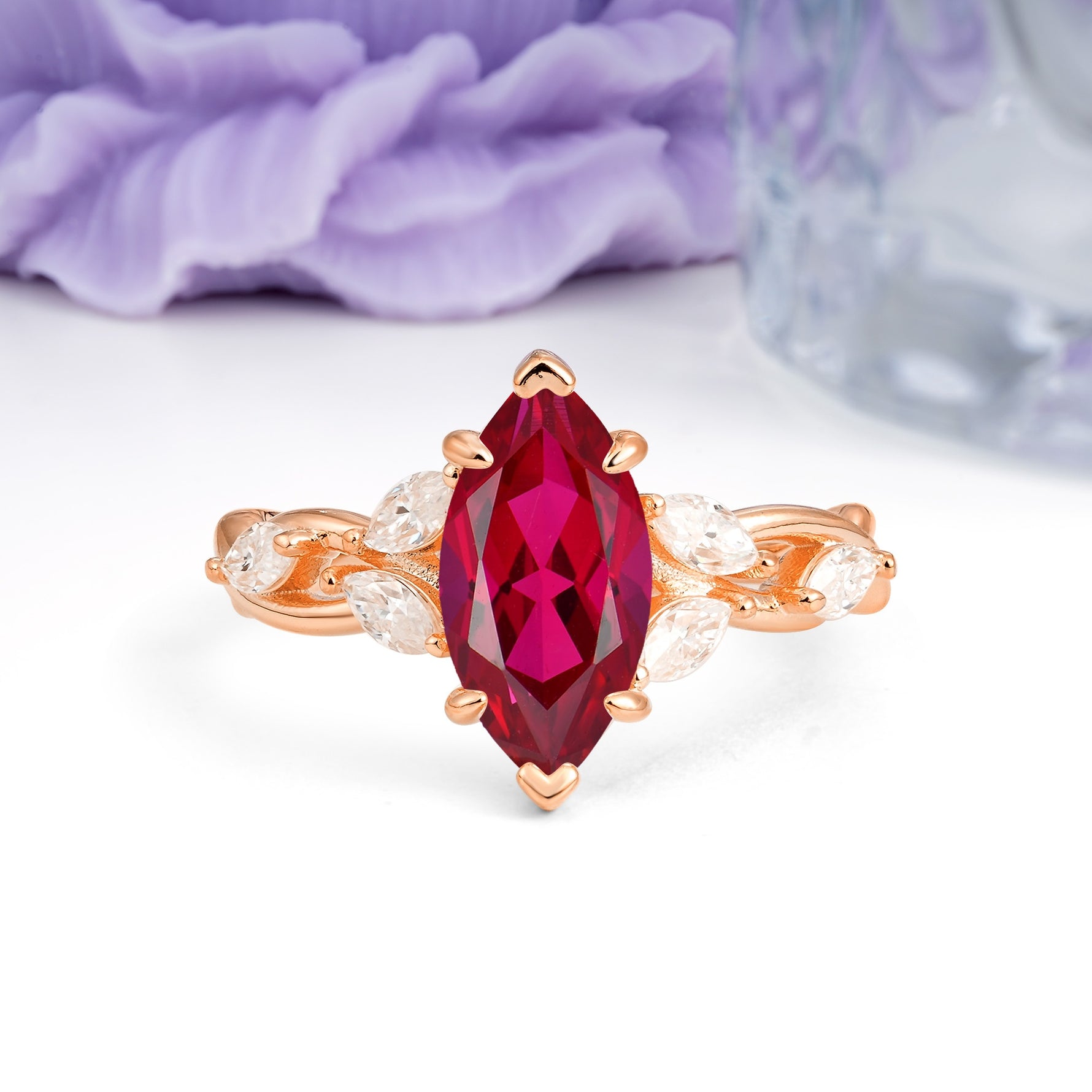 Elegant Forest Branch Multi Marquise Side Accent Long Marquise Cut Ruby Engagement Ring - Additional view