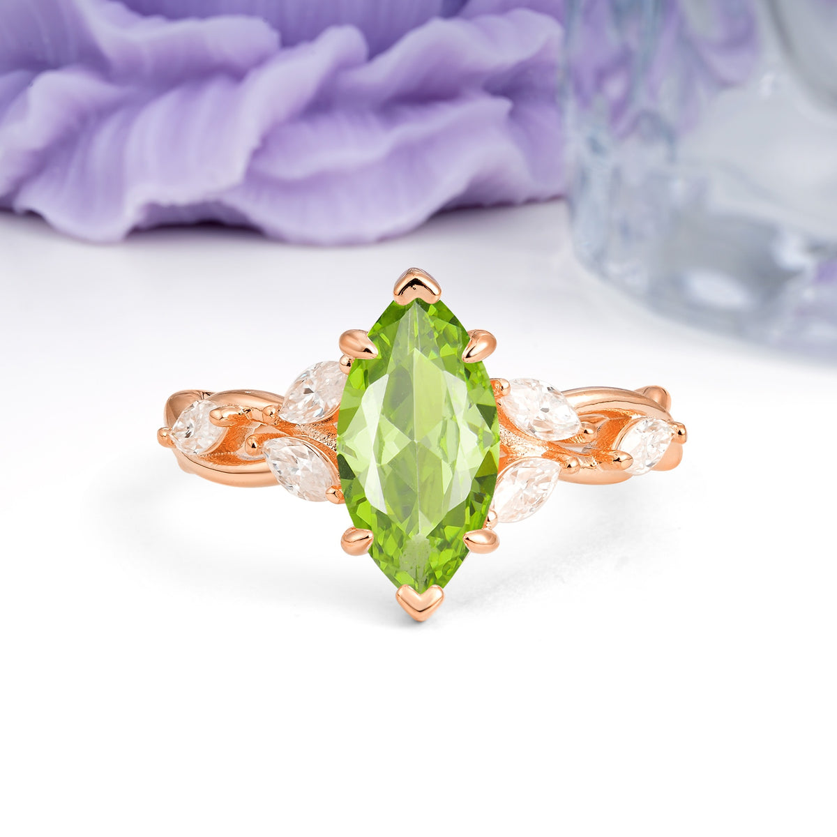 Elegant Forest Branch Multi Marquise Side Accent Long Marquise Cut Peridot Engagement Ring - Additional view