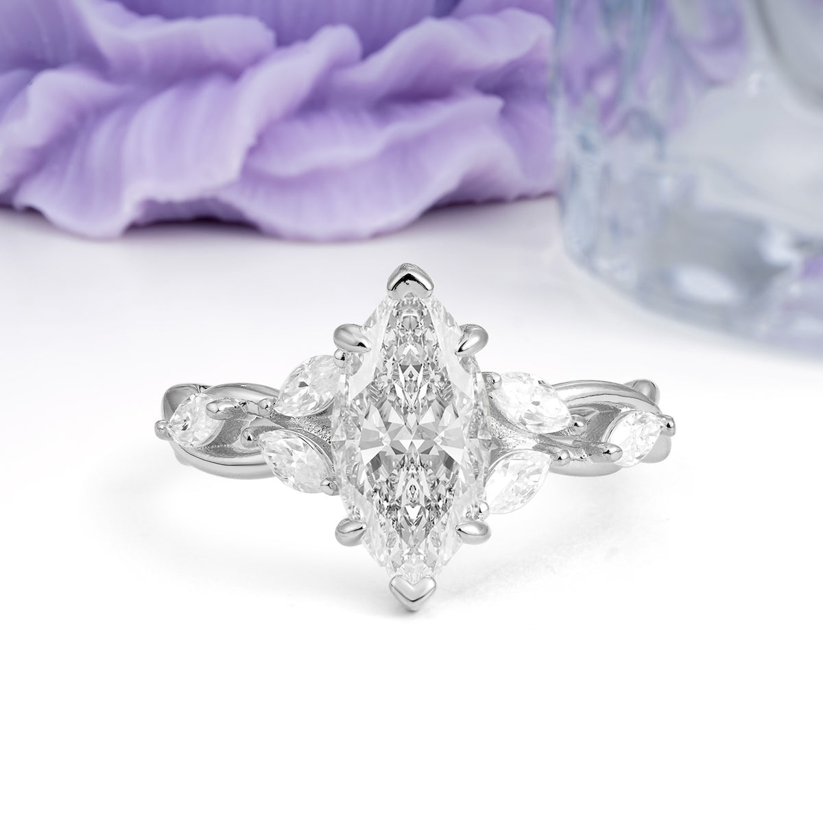 Elegant Forest Branch Multi Marquise Side Accent Long Marquise Cut Moissanite Engagement Ring - Additional view