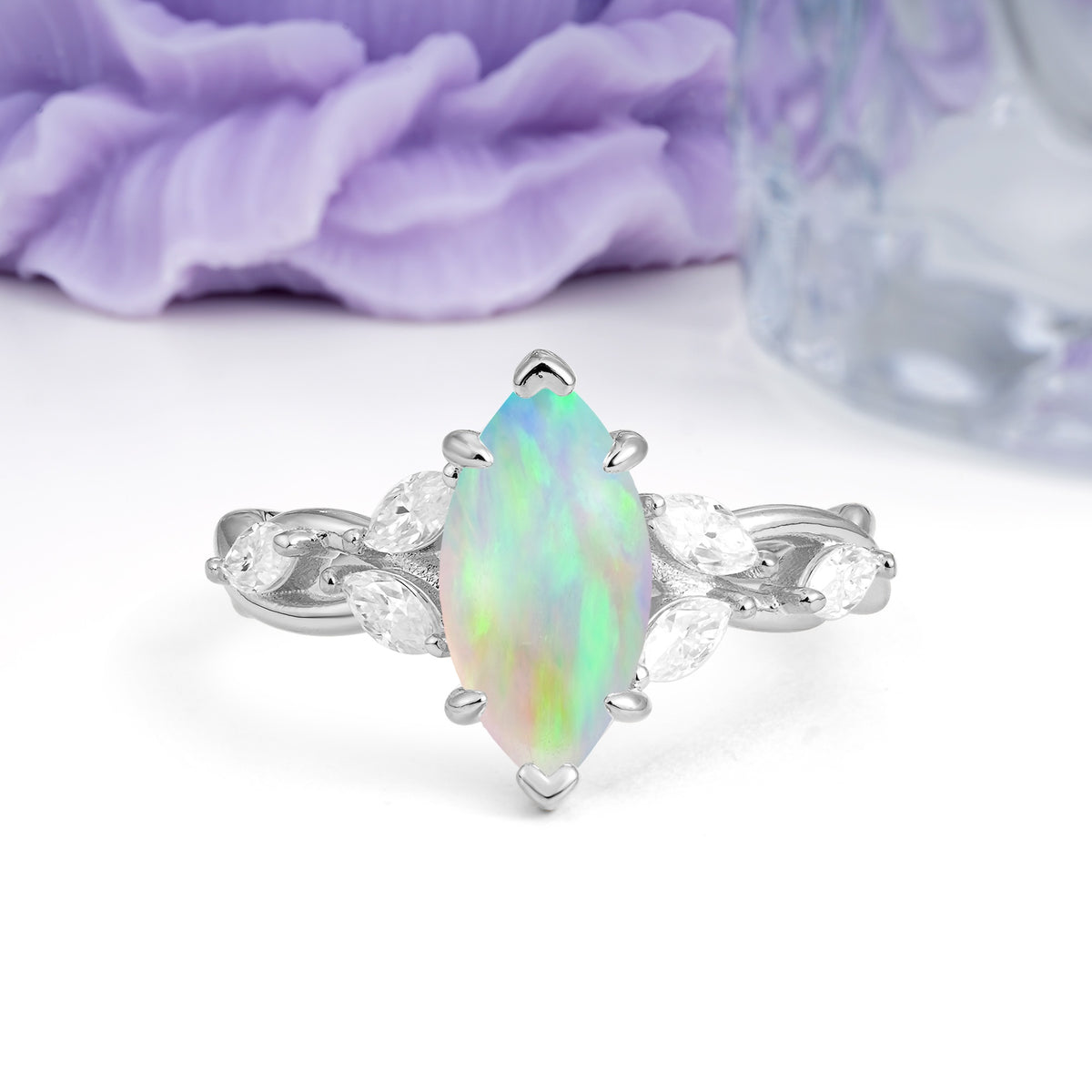 Elegant Forest Branch Multi Marquise Side Accent Long Marquise Cut Fire Opal Engagement Ring - Additional view