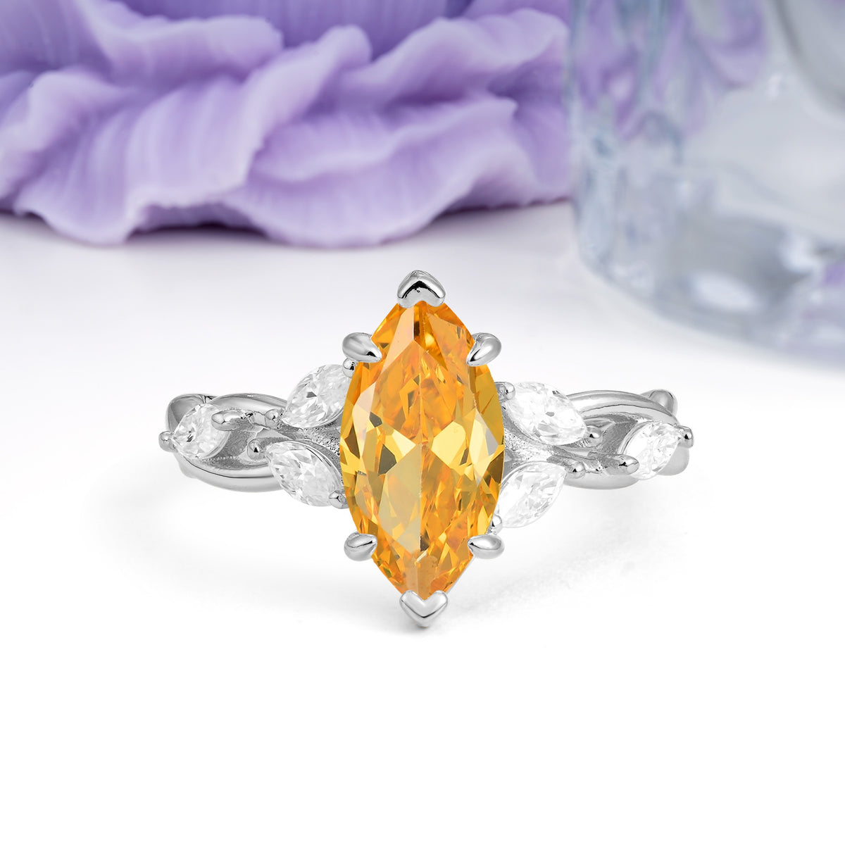 Elegant Forest Branch Multi Marquise Side Accent Long Marquise Cut Citrine Engagement Ring - Additional view