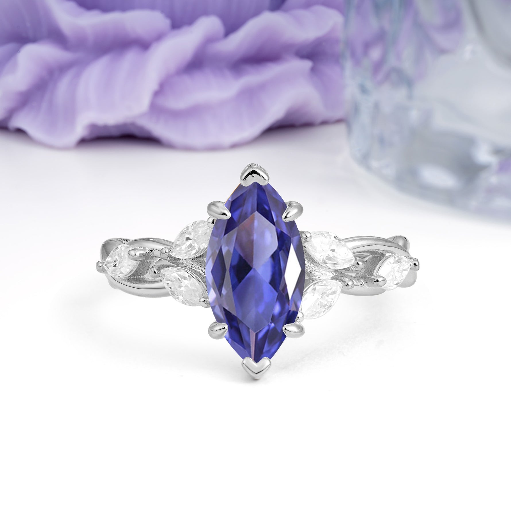 Elegant Forest Branch Multi Marquise Side Accent Long Marquise Cut Tanzanite Engagement Ring - Additional view